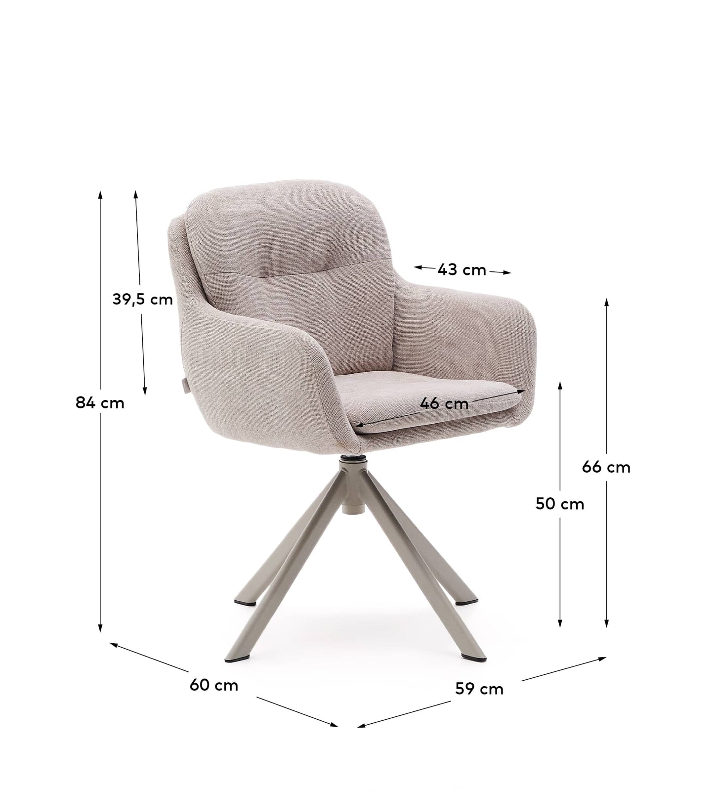 Sedia girevole Lexa di ciniglia beige e gambe in acciaio con finitura beige