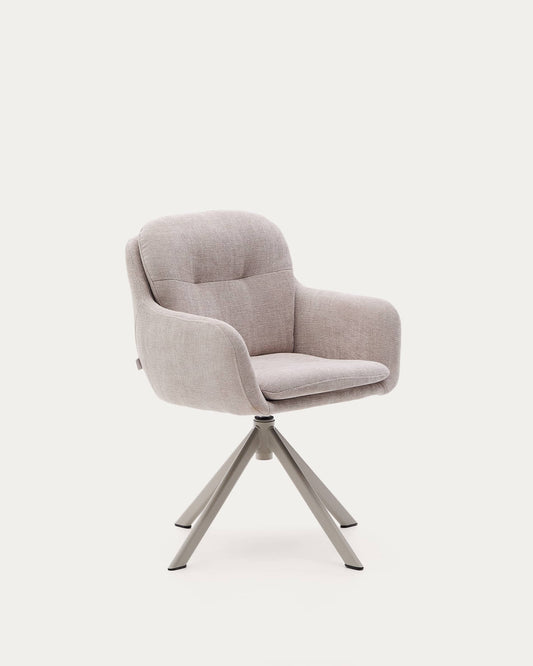 Sedia girevole Lexa di ciniglia beige e gambe in acciaio con finitura beige