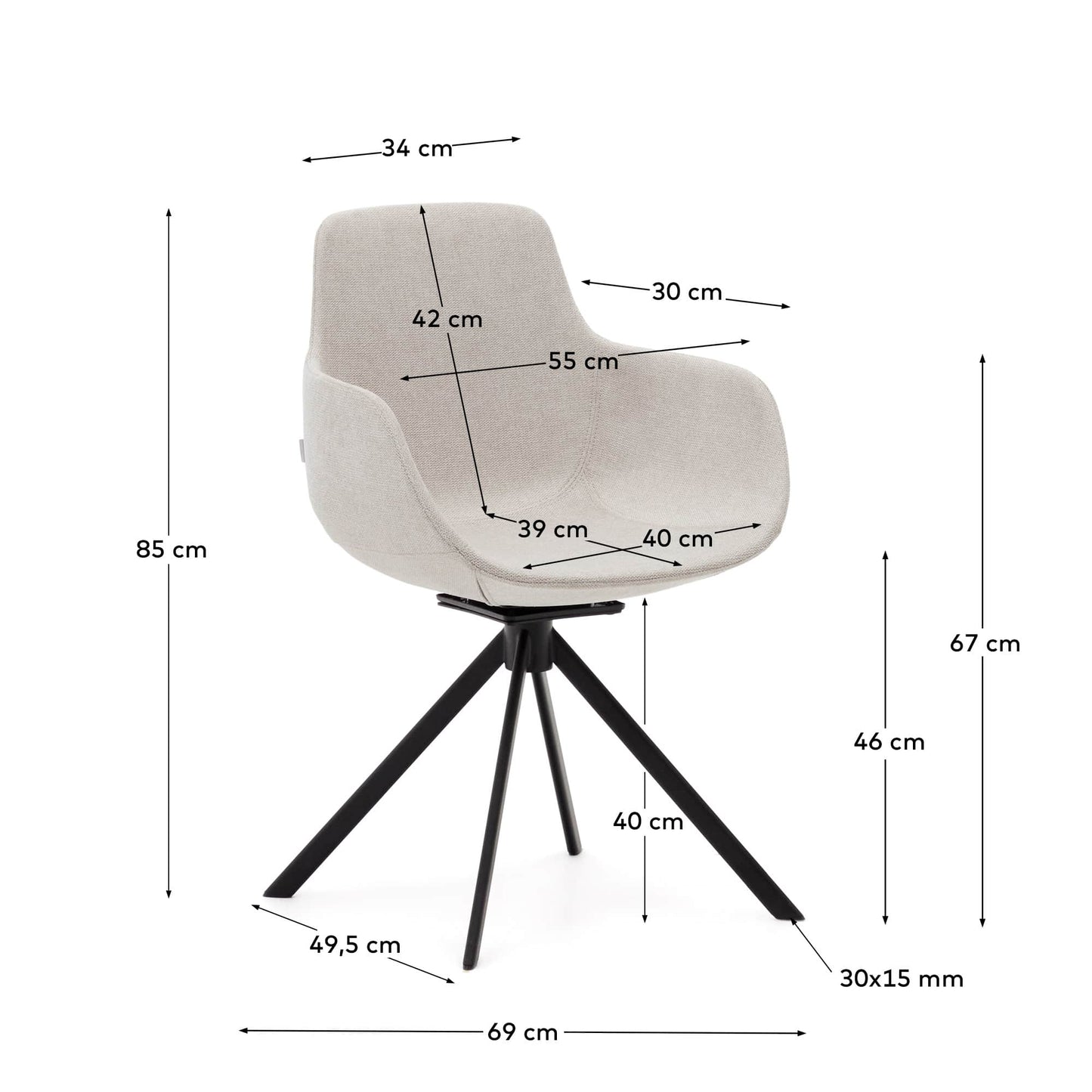 Sedia girevole con ritorno automatico Tissiana di ciniglia beige e alluminio nero opaco