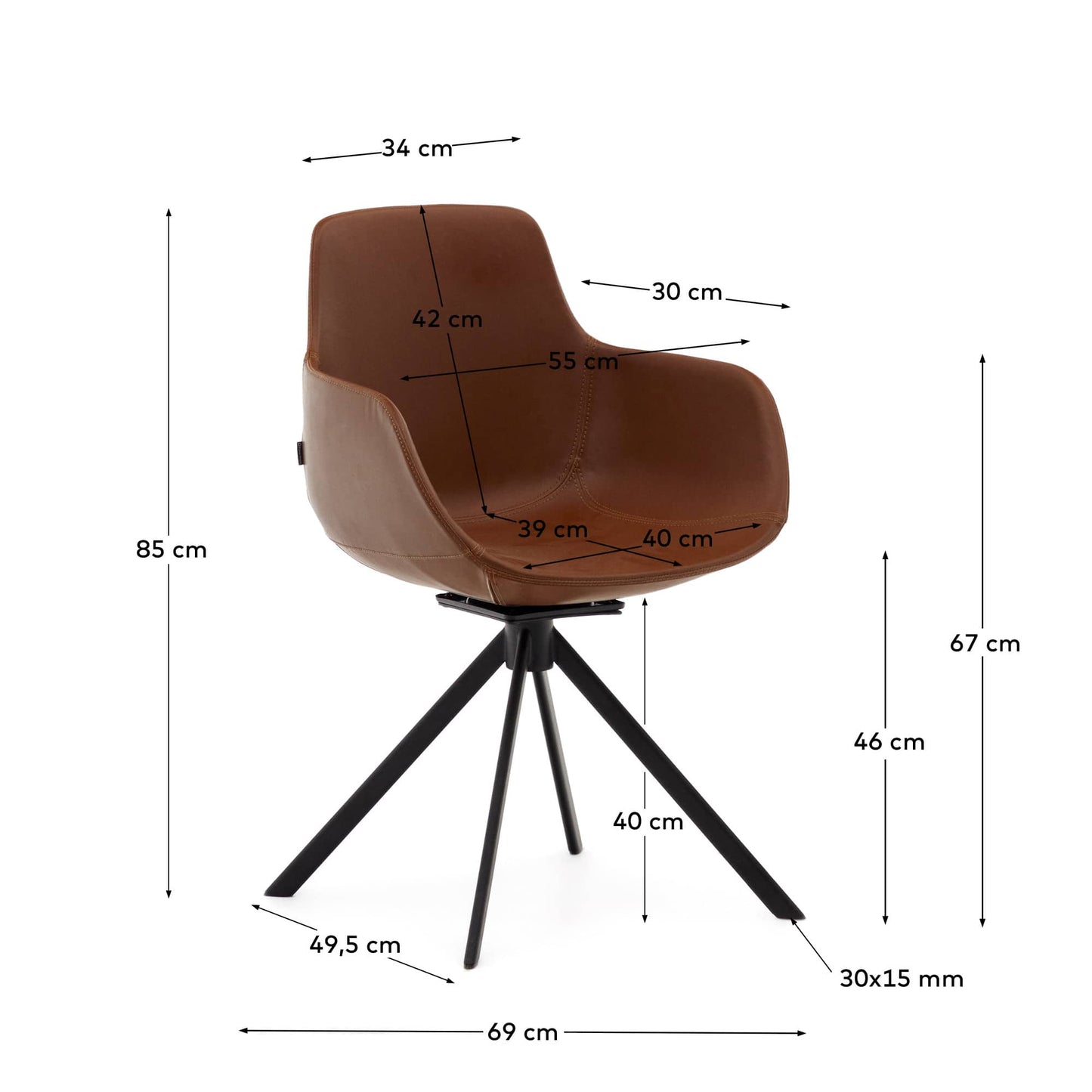 Sedia girevole con ritorno automatico Tissiana di pelle sintetica marrone alluminio nero opaco
