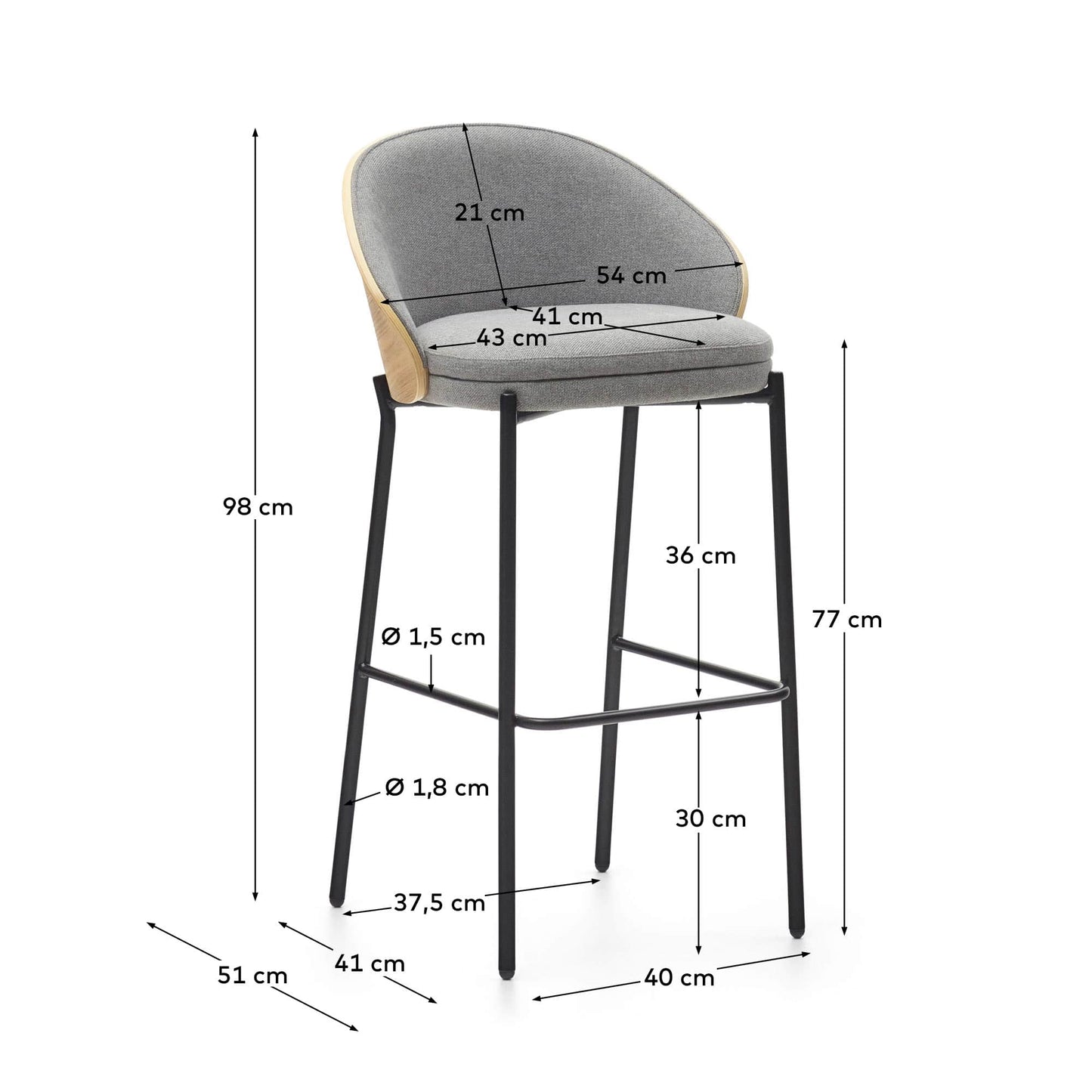 Sgabello Eamy impiallacciato frassino grigio chiaro finitura naturale, metallo nero 77 cm