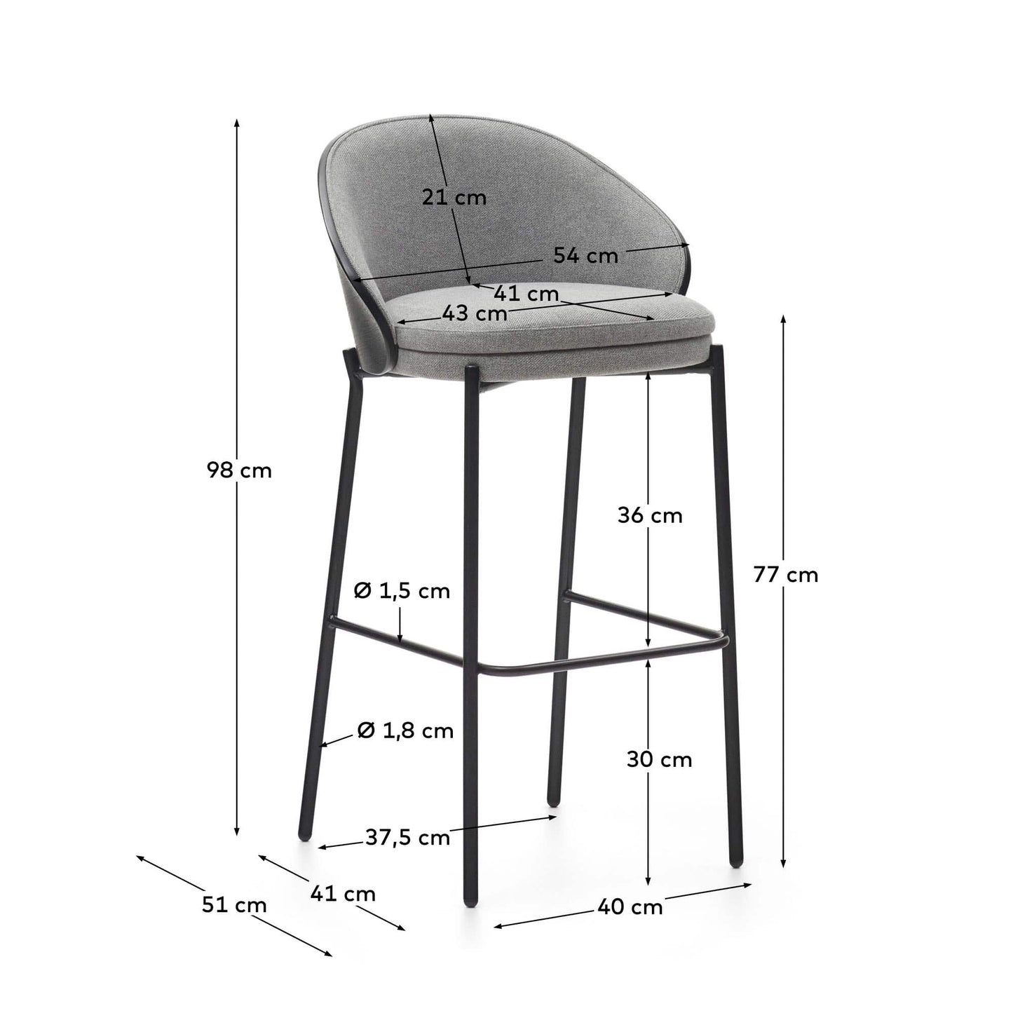 Sgabello Eamy in ciniglia grigio chiaro impiallacciato frassino finitura nera, metallo nero 75 cm