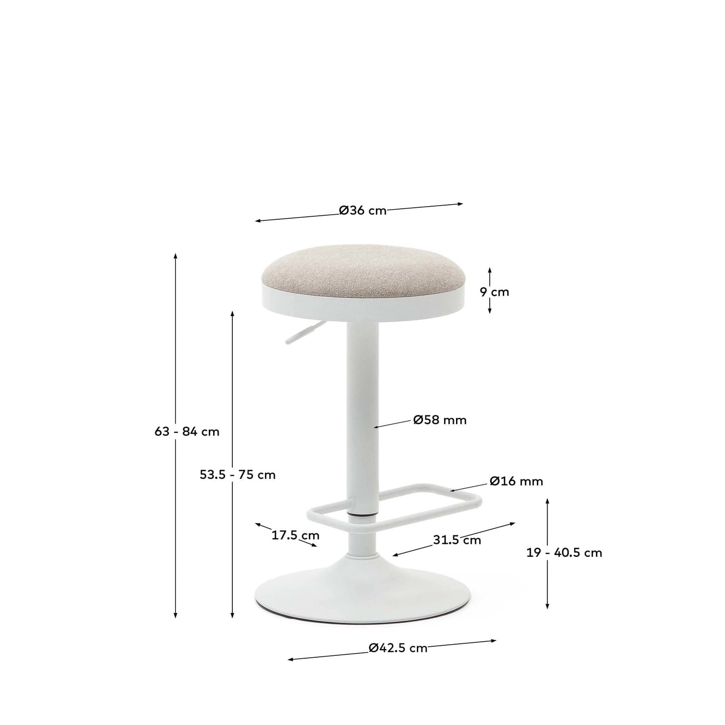 Sgabello Zaib in ciniglia beige e acciaio bianco opaco altezza 63-84 cm