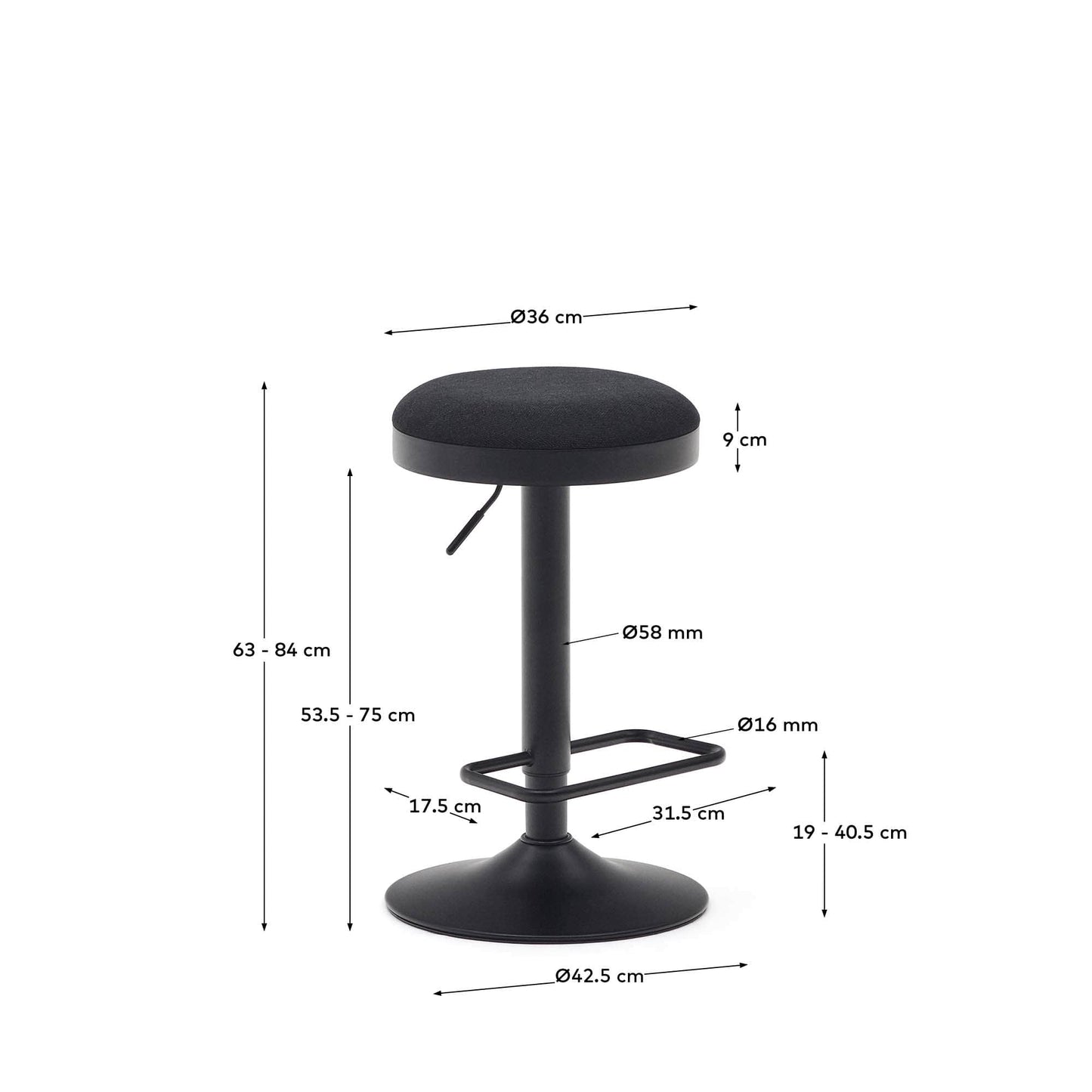 Sgabello Zaib in ciniglia nera e acciaio nero opaco altezza 63-84 cm