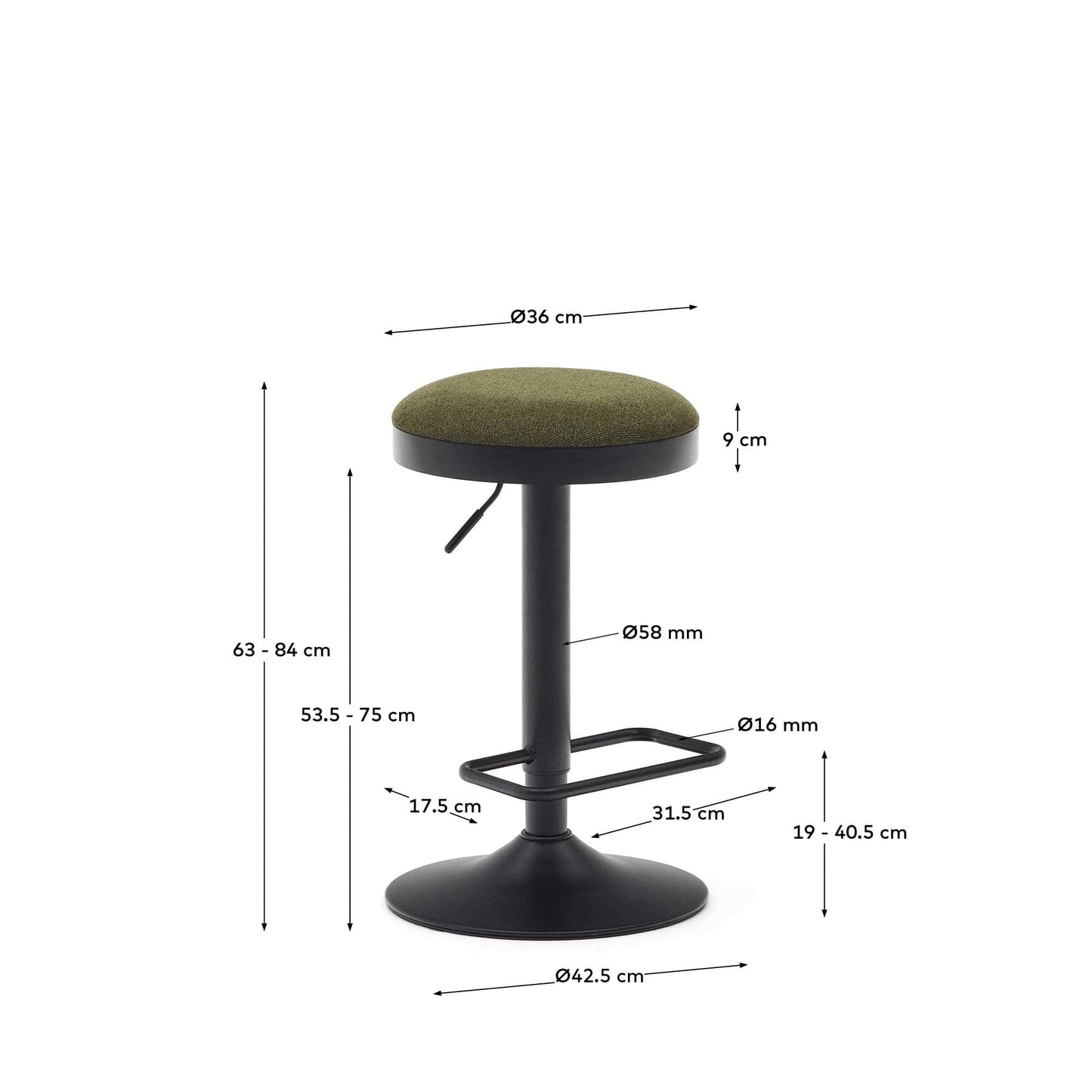 Sgabello Zaib in ciniglia verde scuro e acciaio nero opaco altezza 63-84 cm