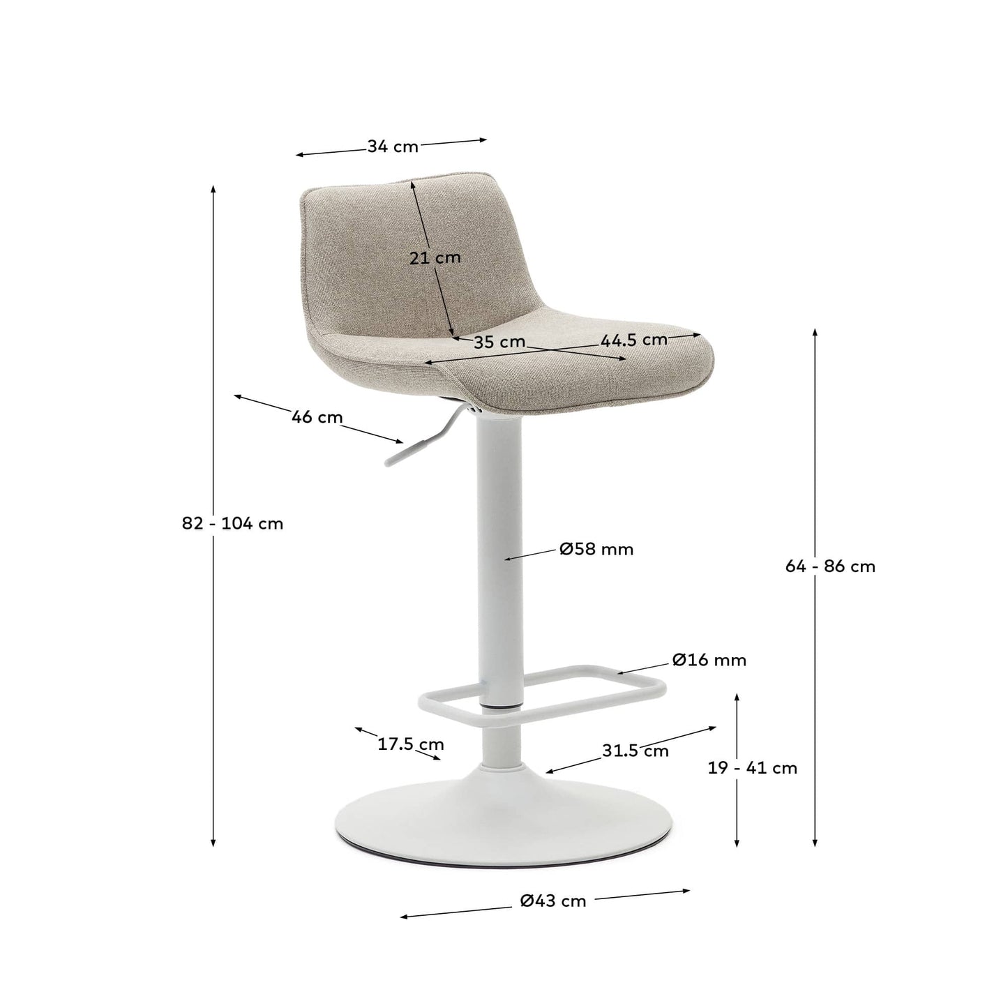 Sgabello Zenda in ciniglia beige e acciaio bianco opaco 81-102 cm