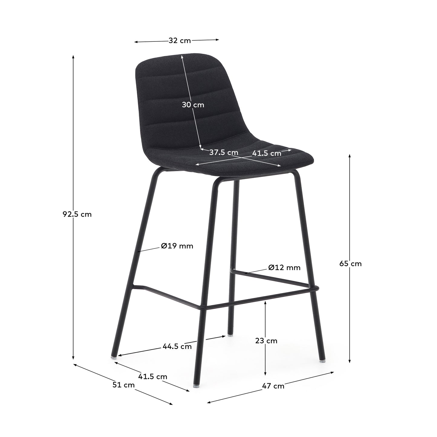 Sgabello Zunilda in ciniglia nera e acciaio con finiture nero opaco altezza 65 cm