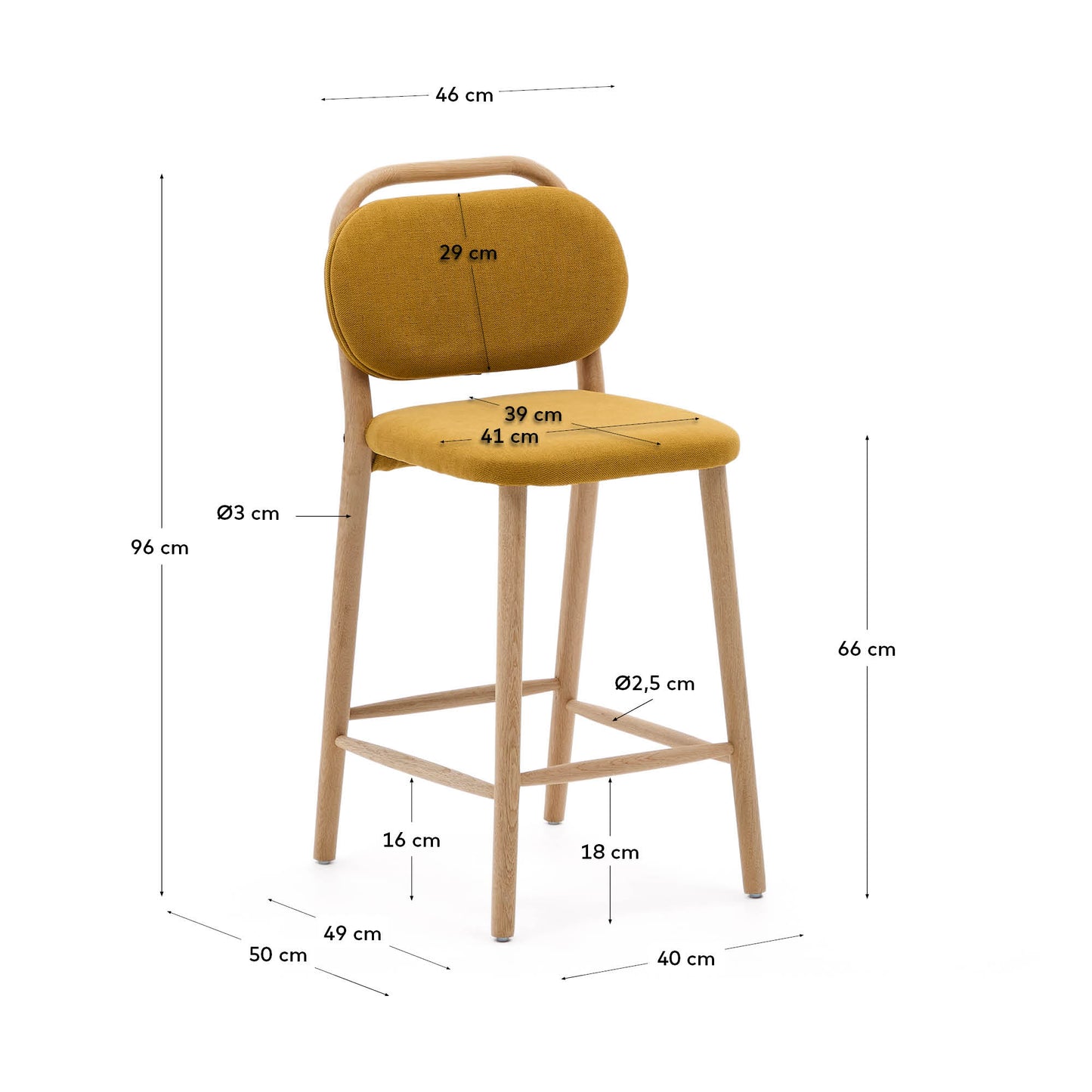 Sgabello Helda in ciniglia senape e massello di quercia 65 cm
