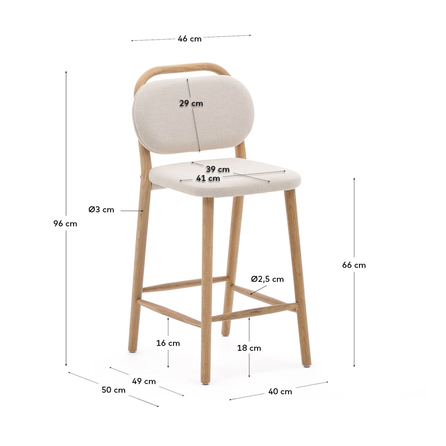 Sgabello Helda in ciniglia beige e massello di quercia 65 cm