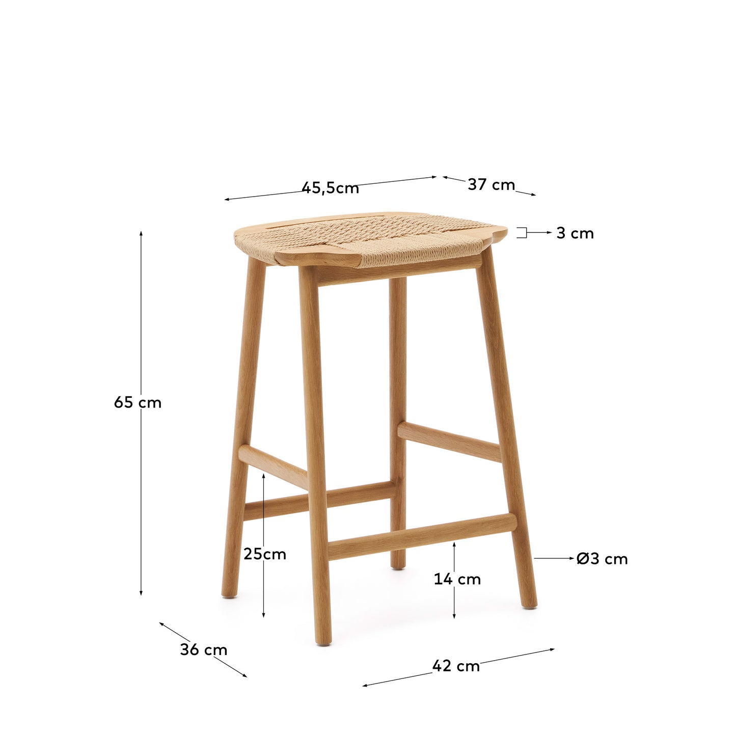 Sgabello Enit in corda di carta beige e legno massiccio di rovere rifinitura naturale 65 cm