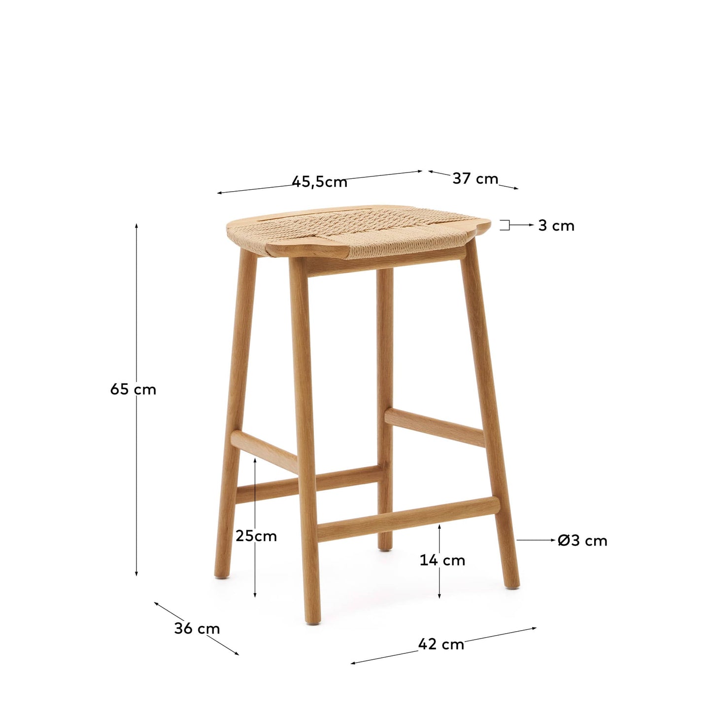 Sgabello Enit in corda di carta beige e legno massiccio di rovere rifinitura naturale 65 cm