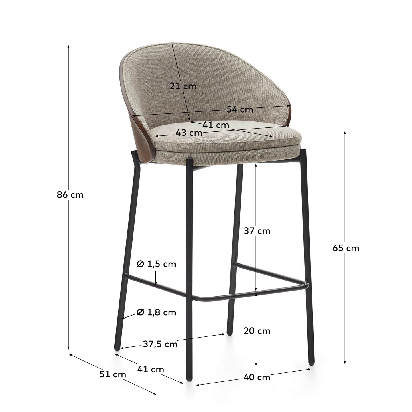 Sgabello Eamy in ciniglia marrone chiaro impiallacciato frassino finitura wengé, metallo nero 65 cm
