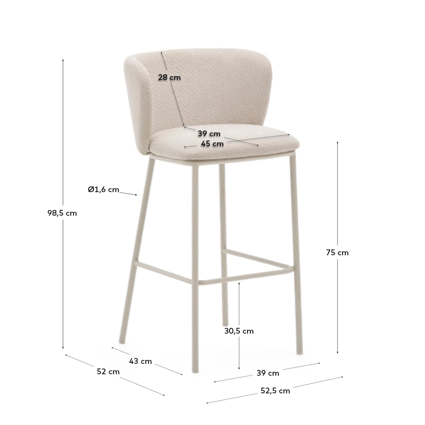 Sgabello Ciselia in ciniglia beige e acciaio beige altezza 75 cm