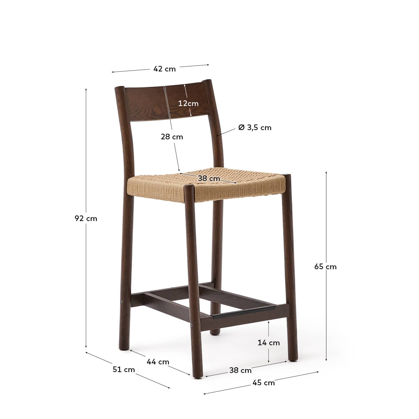 Sgabello Yalia con schienale in legno massello di rovere con finitura in noce e seduta in corda da 65 cm