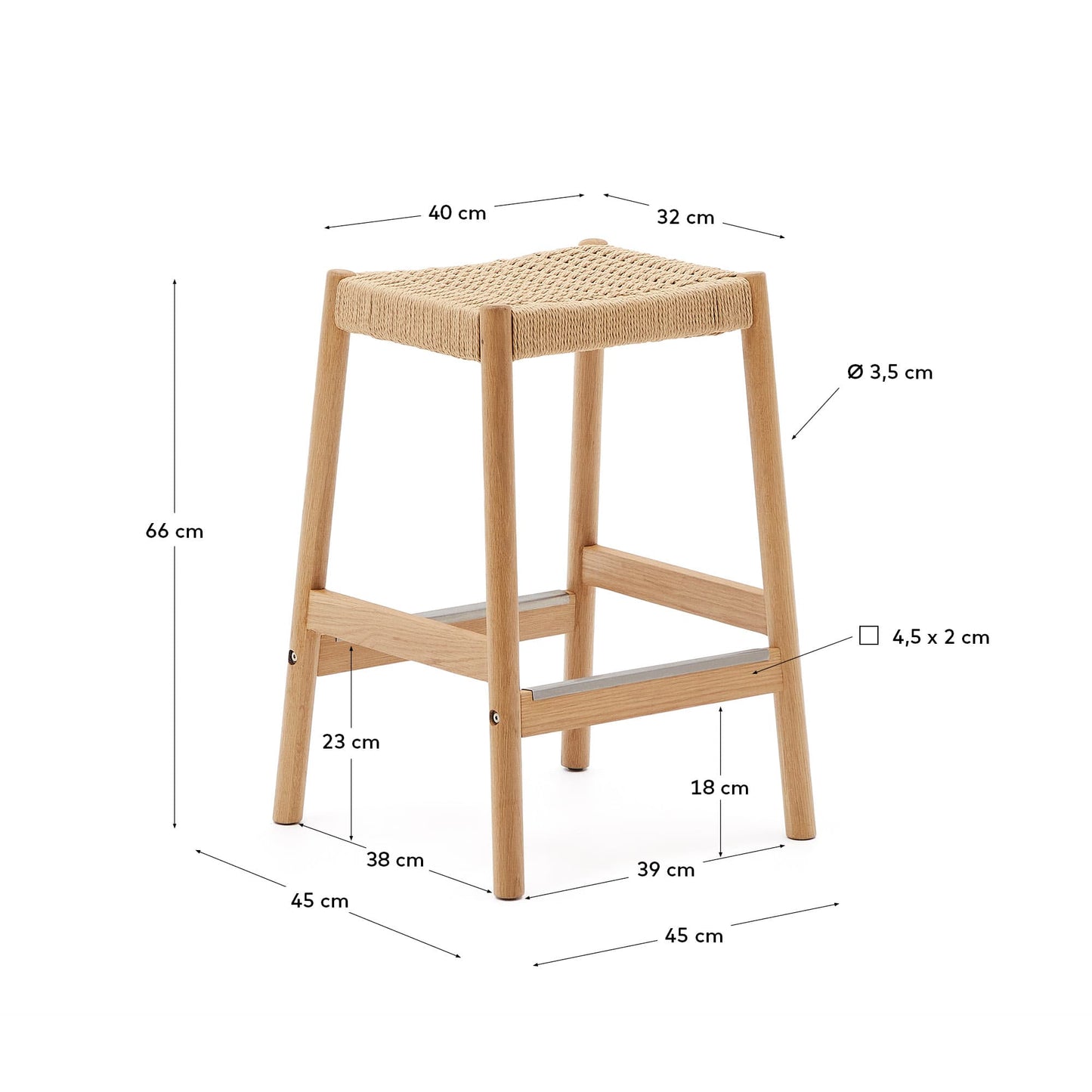 Sgabello Yalia in legno massiccio di rovere con finitura naturale e corda, altezza 65 cm
