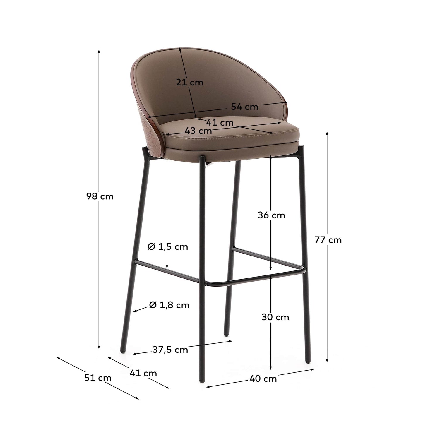 Sgabello Eamy di pelle sintetica marrone, impiallacciatura in frassino noce metallo marrone 77 cm