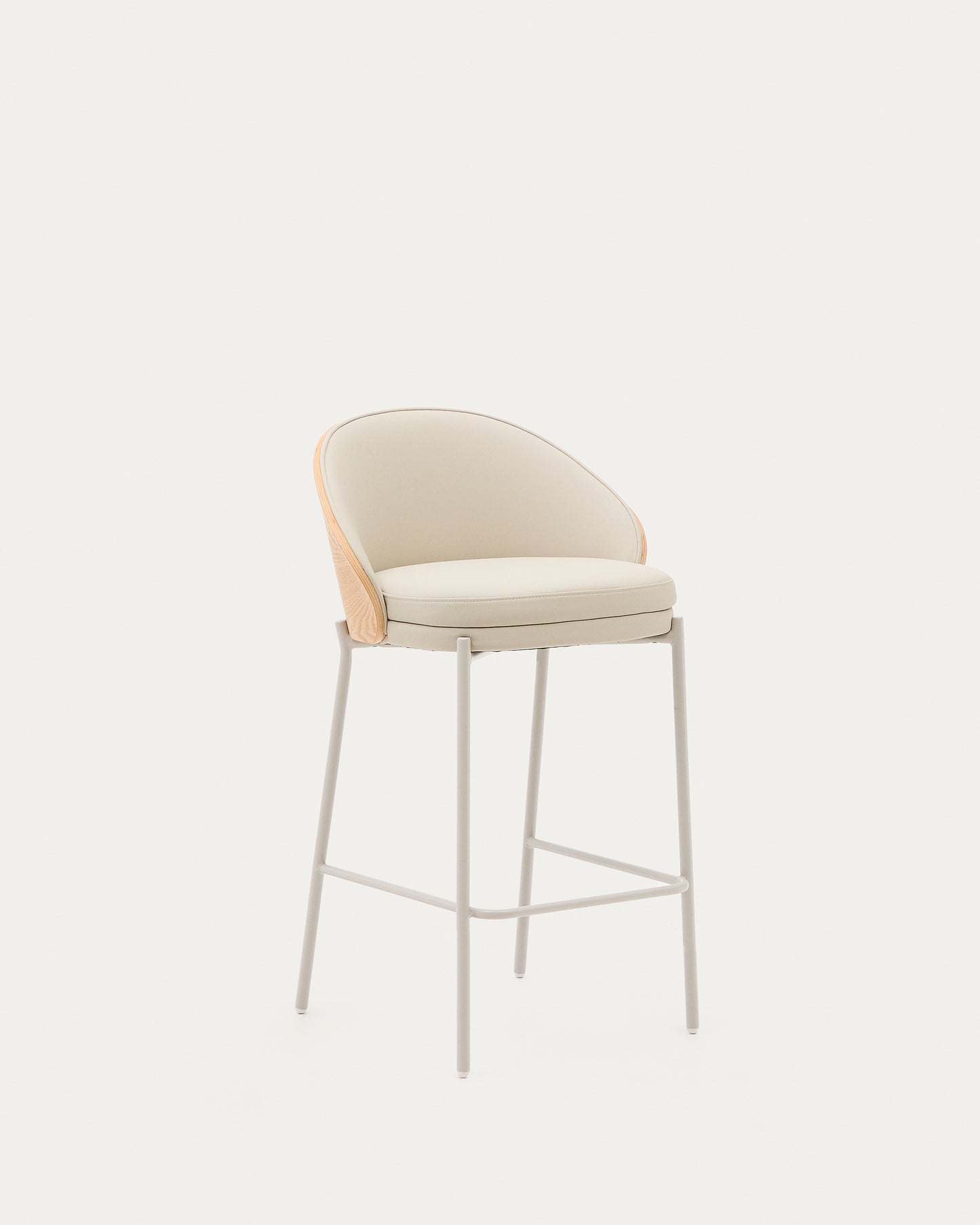 Sgabello Eamy di pelle sintetica beige, impiallacciatura in frassino finitura naturale 65 cm