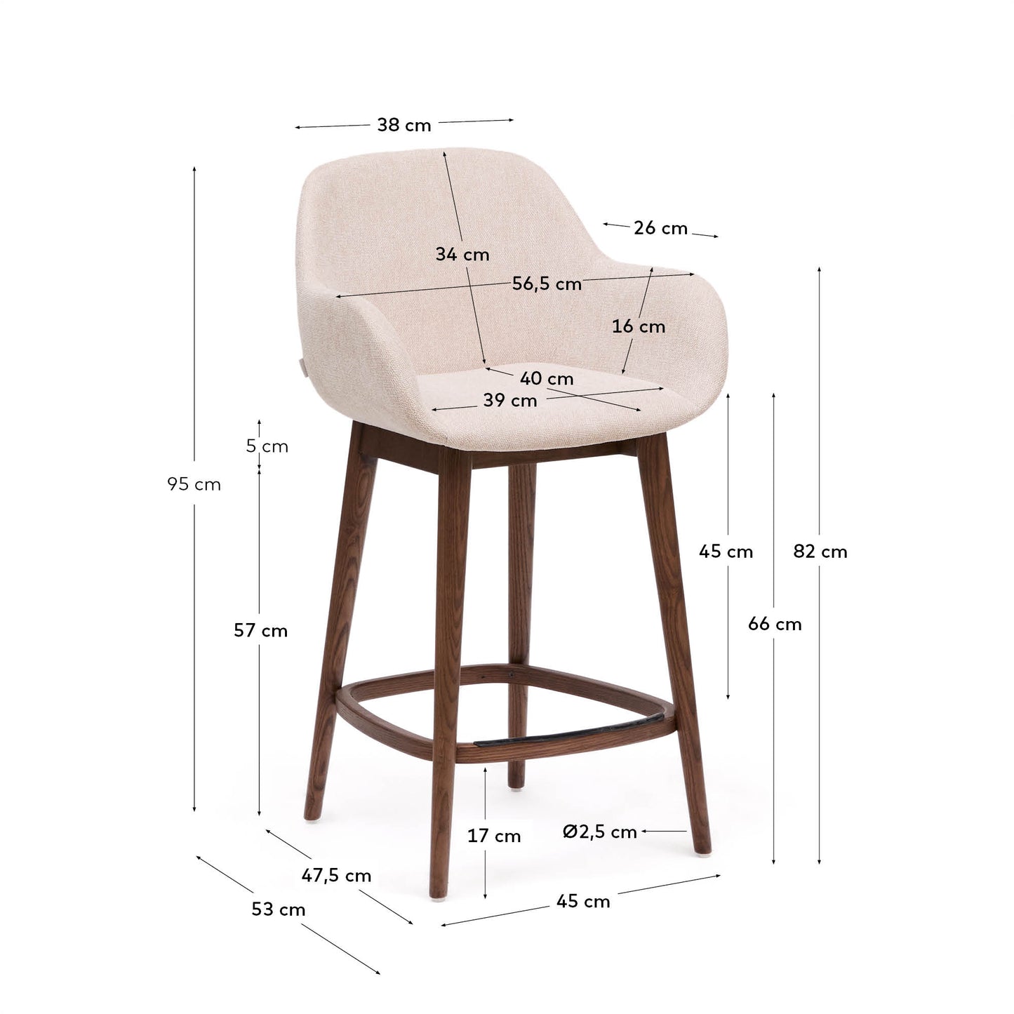 Sgabello Konna beige e gambe in legno massello di frassino finitura scura 65 cm