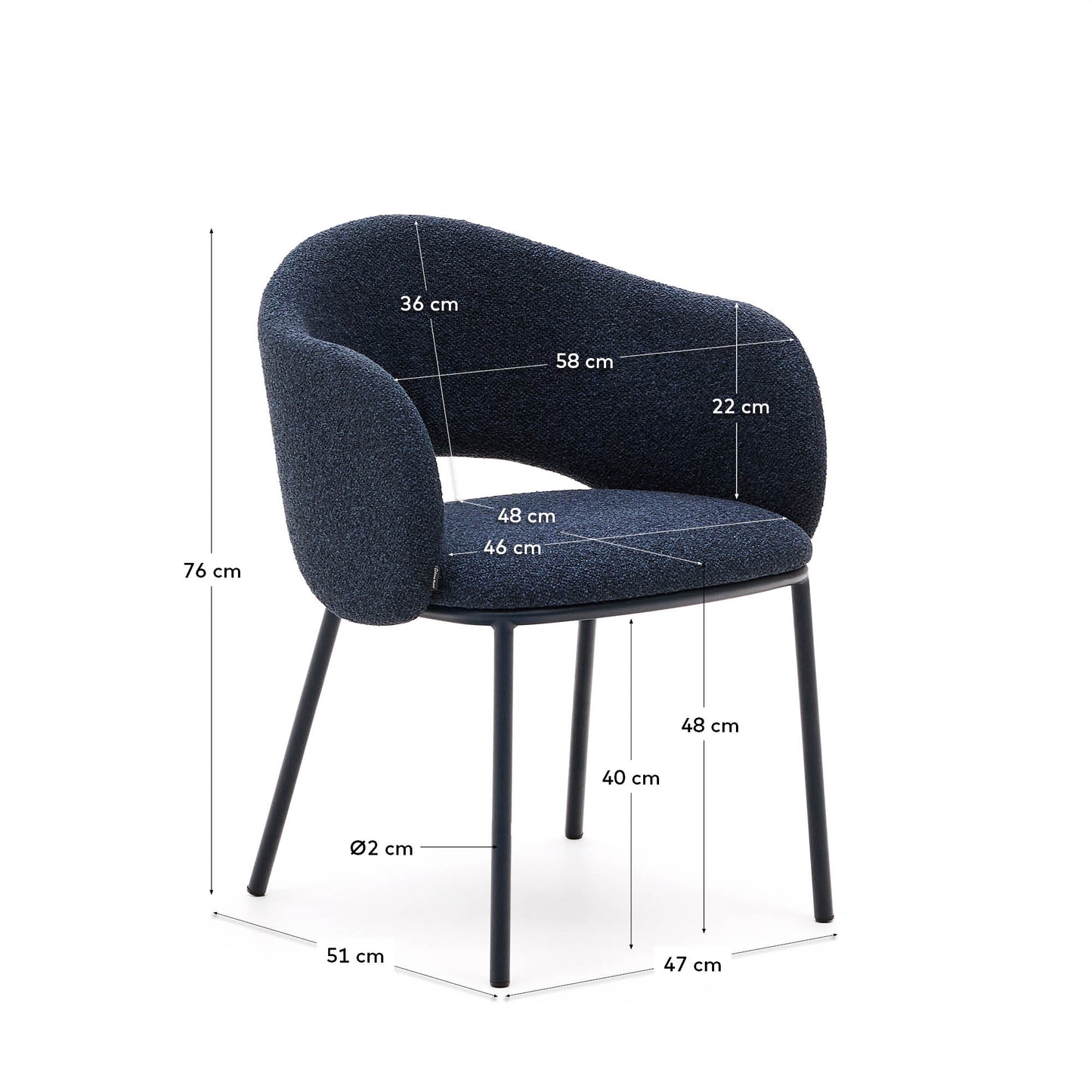 Sedia Maina in ciniglia spessa blu e gambe in acciaio con finitura blu