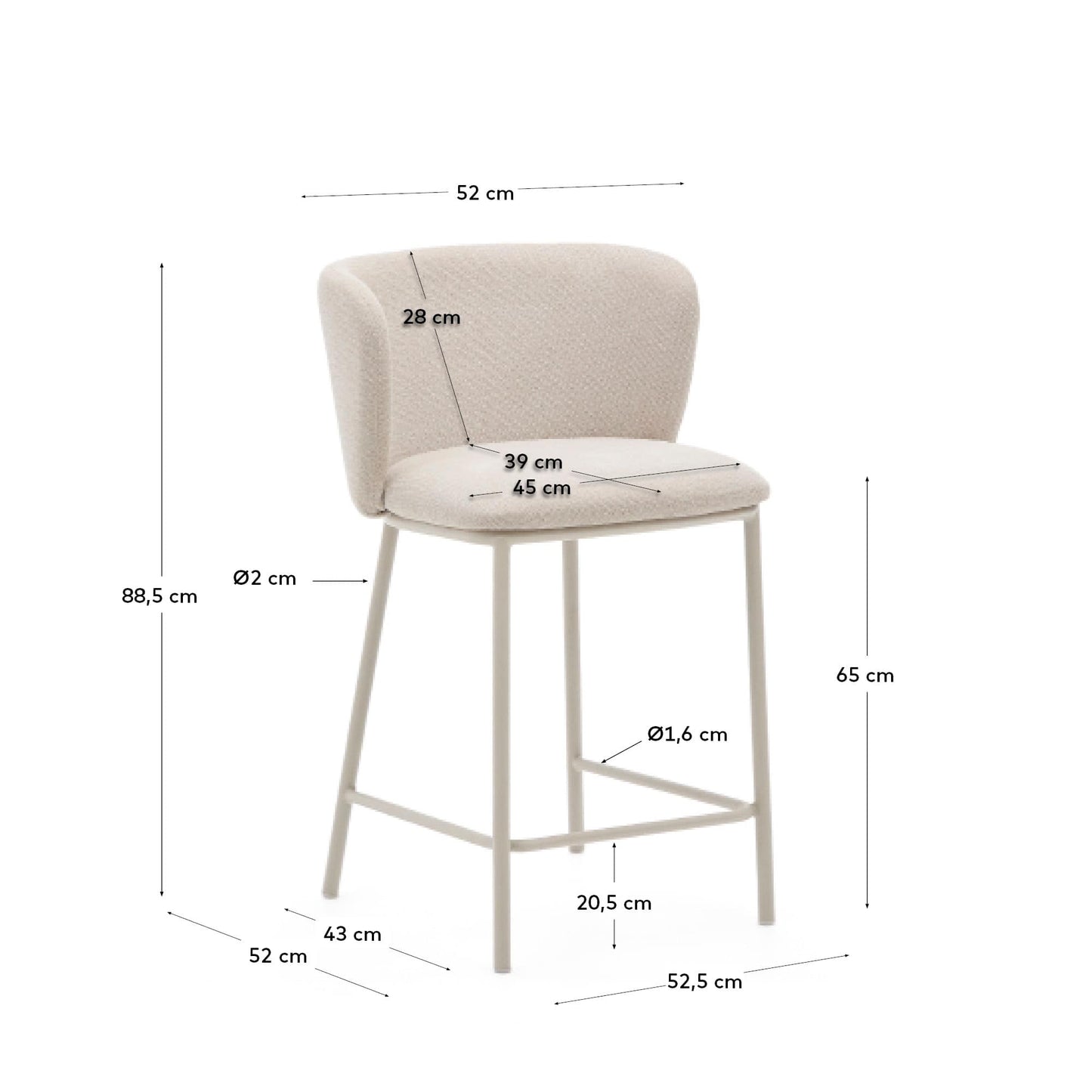 Sgabello Ciselia in ciniglia beige e acciaio beige altezza 65 cm