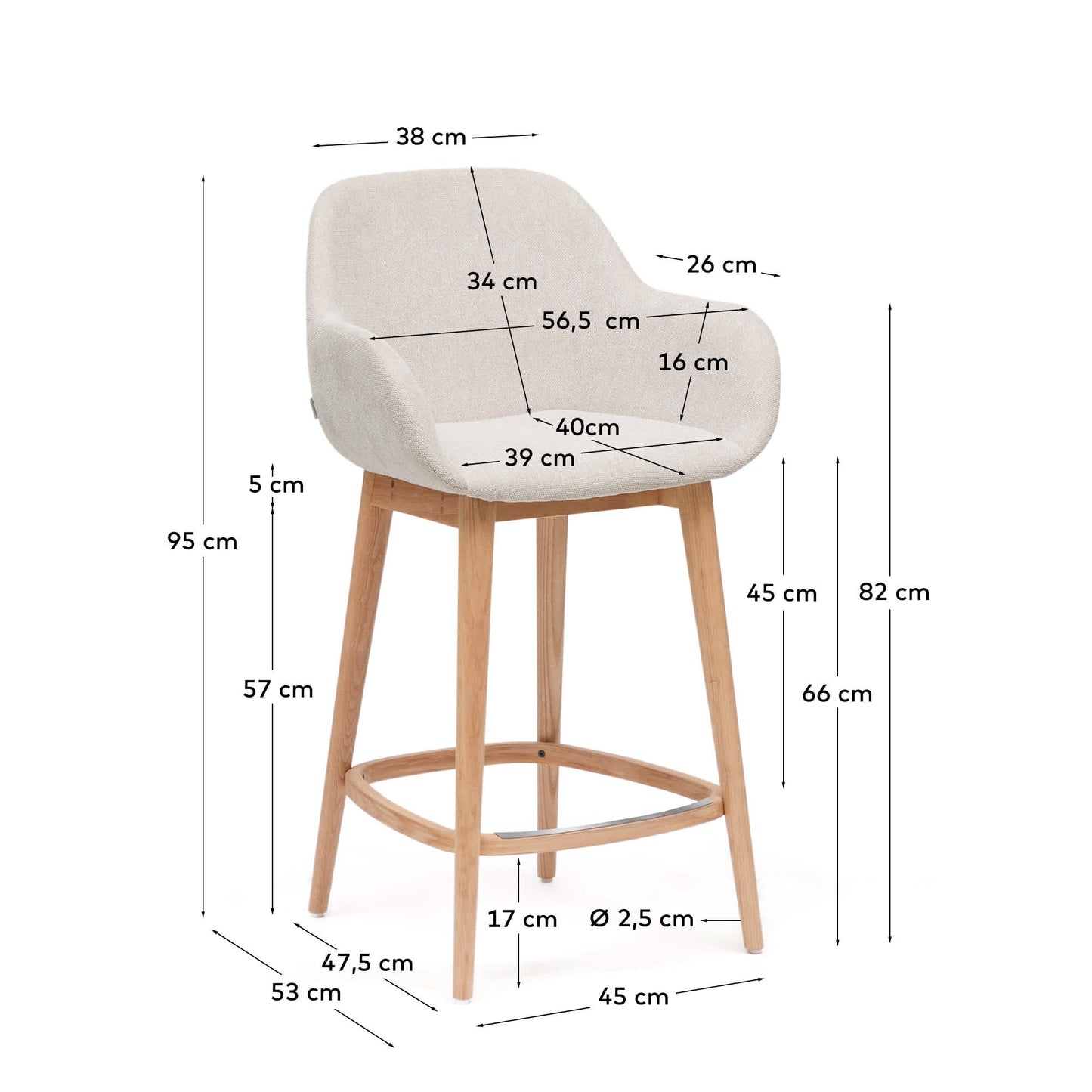 Sgabello Konna beige e gambe in legno massello di frassino finitura chiara 65 cm