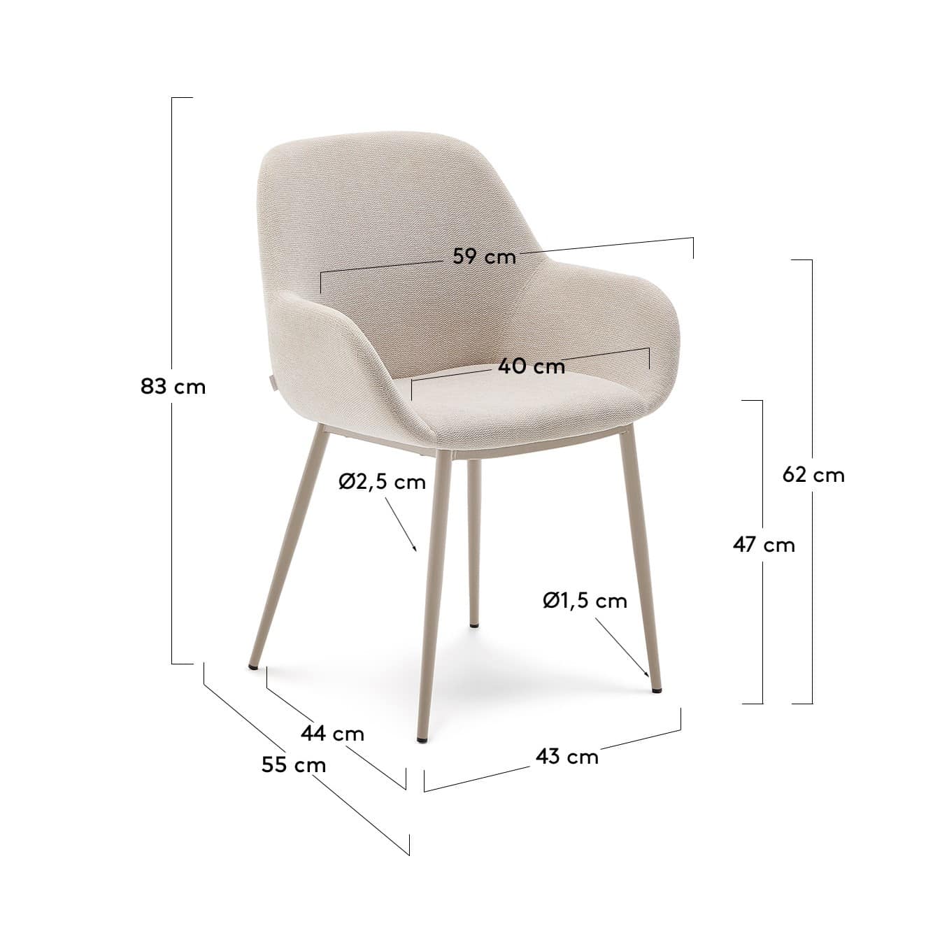 Sedia Konna beige e gambe in acciaio con finitura verniciata beige