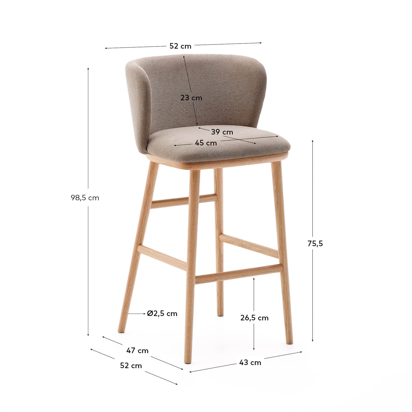 Sgabello Ciselia ciniglia marrone legno di frassino finitura tono naturale 75 cm
