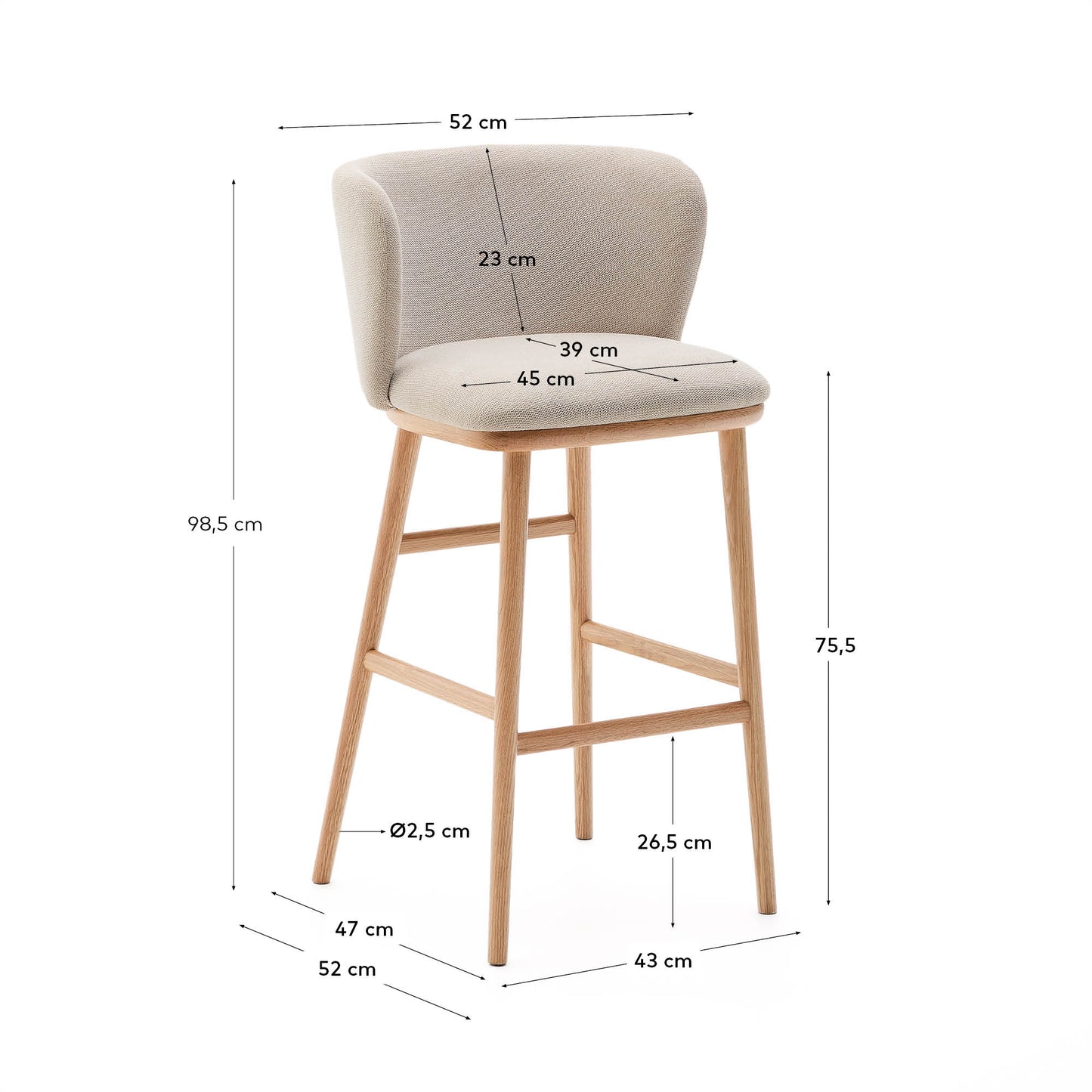 Sgabello Ciselia ciniglia beige legno di frassino finitura tono naturale 75 cm