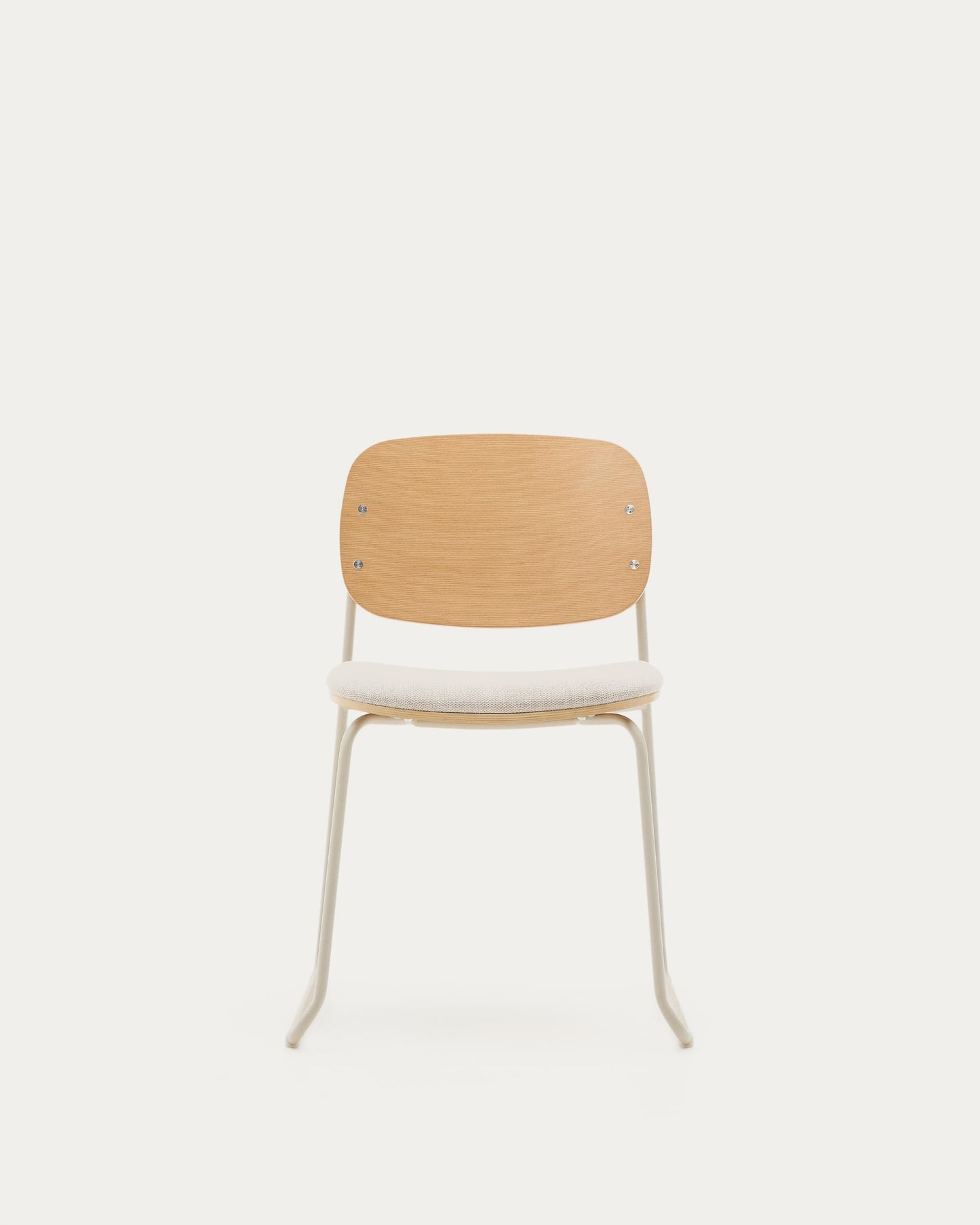 Sedia impilabile Meli in compensato di pioppo con seduta in ciniglia beige e gambe in metallo beige