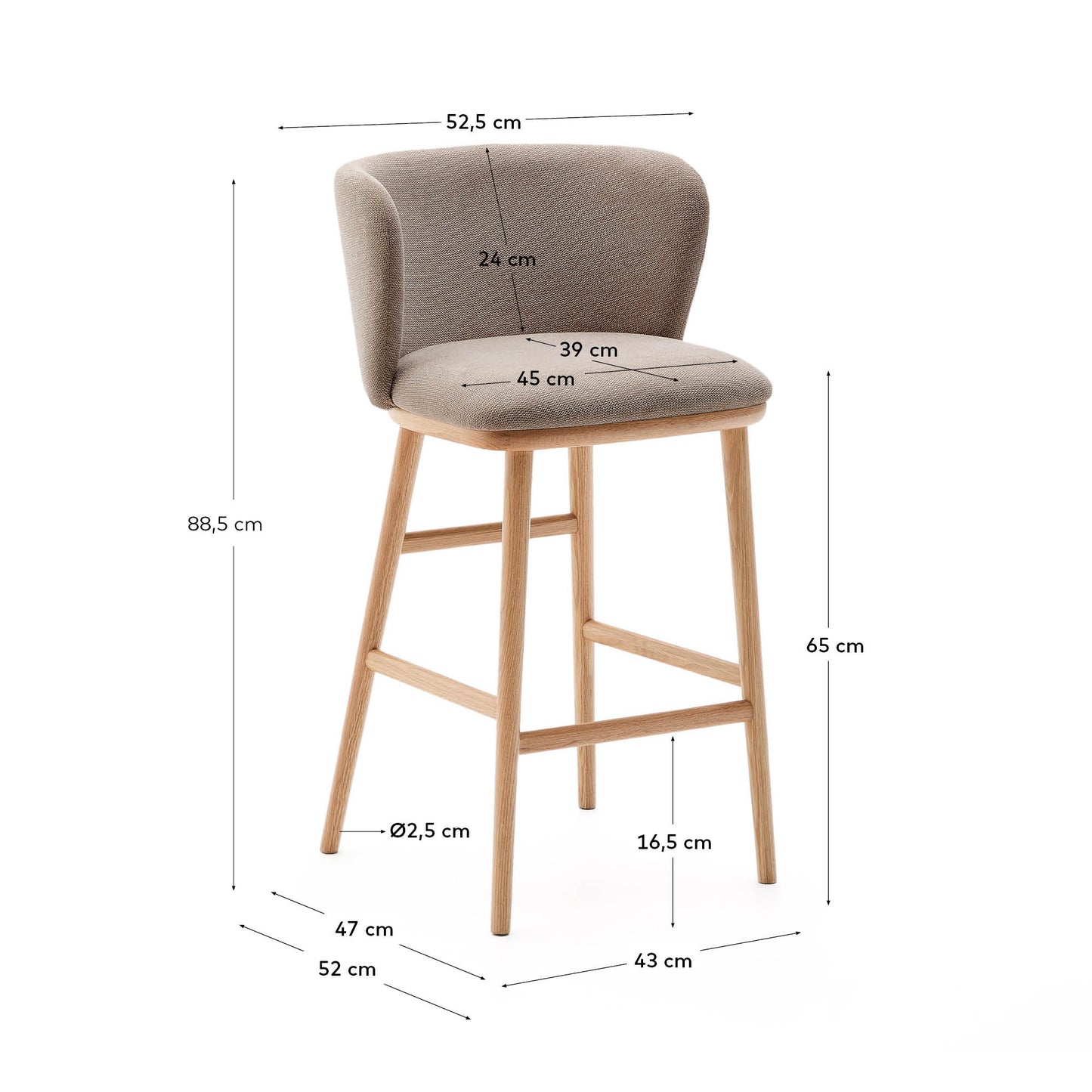 Sgabello Ciselia ciniglia marrone legno di frassino finitura tono naturale 65 cm
