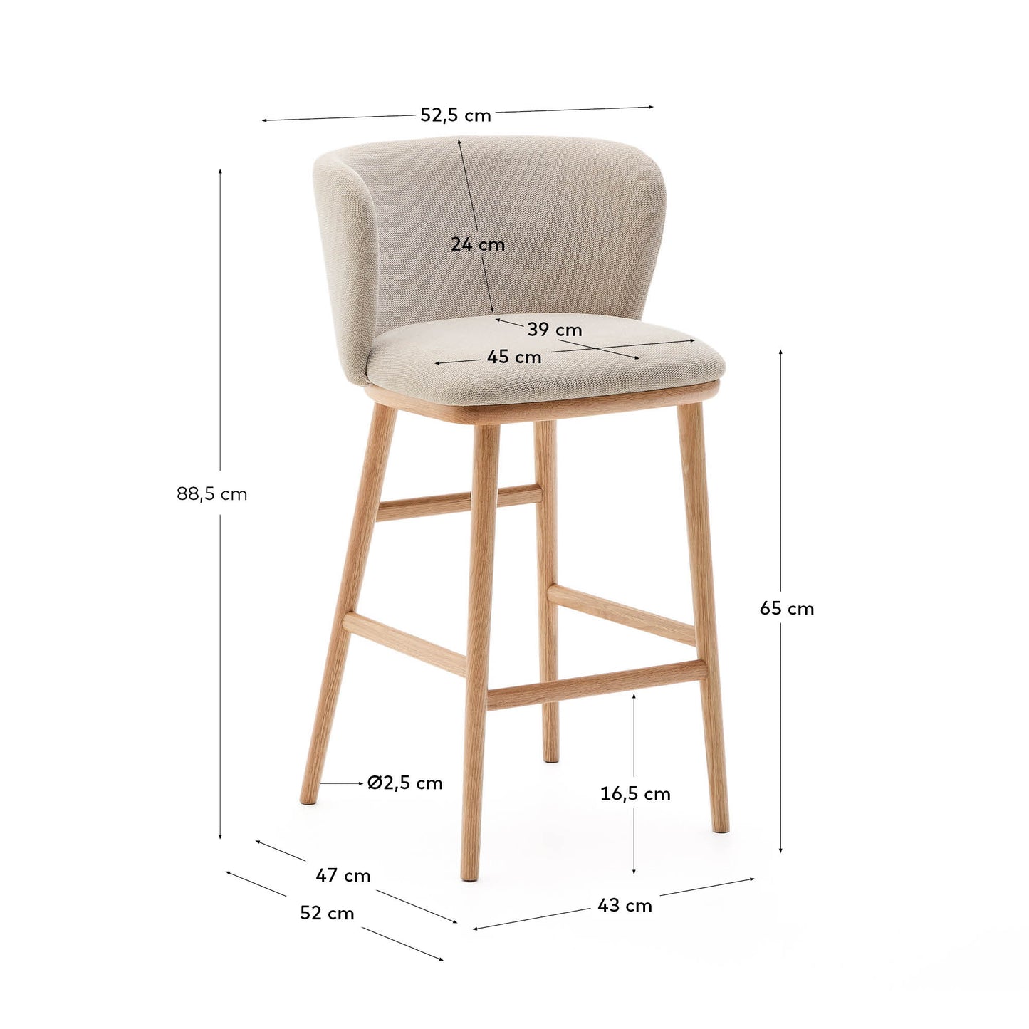 Sgabello Ciselia ciniglia beige legno di frassino finitura tono naturale 65 cm