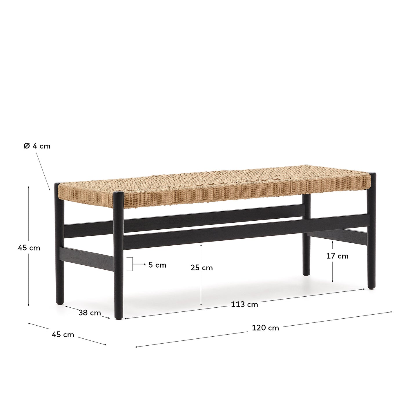 Panca Zaide in legno massiccio di rovere con finitura in nero e seduta in corda 120 cm
