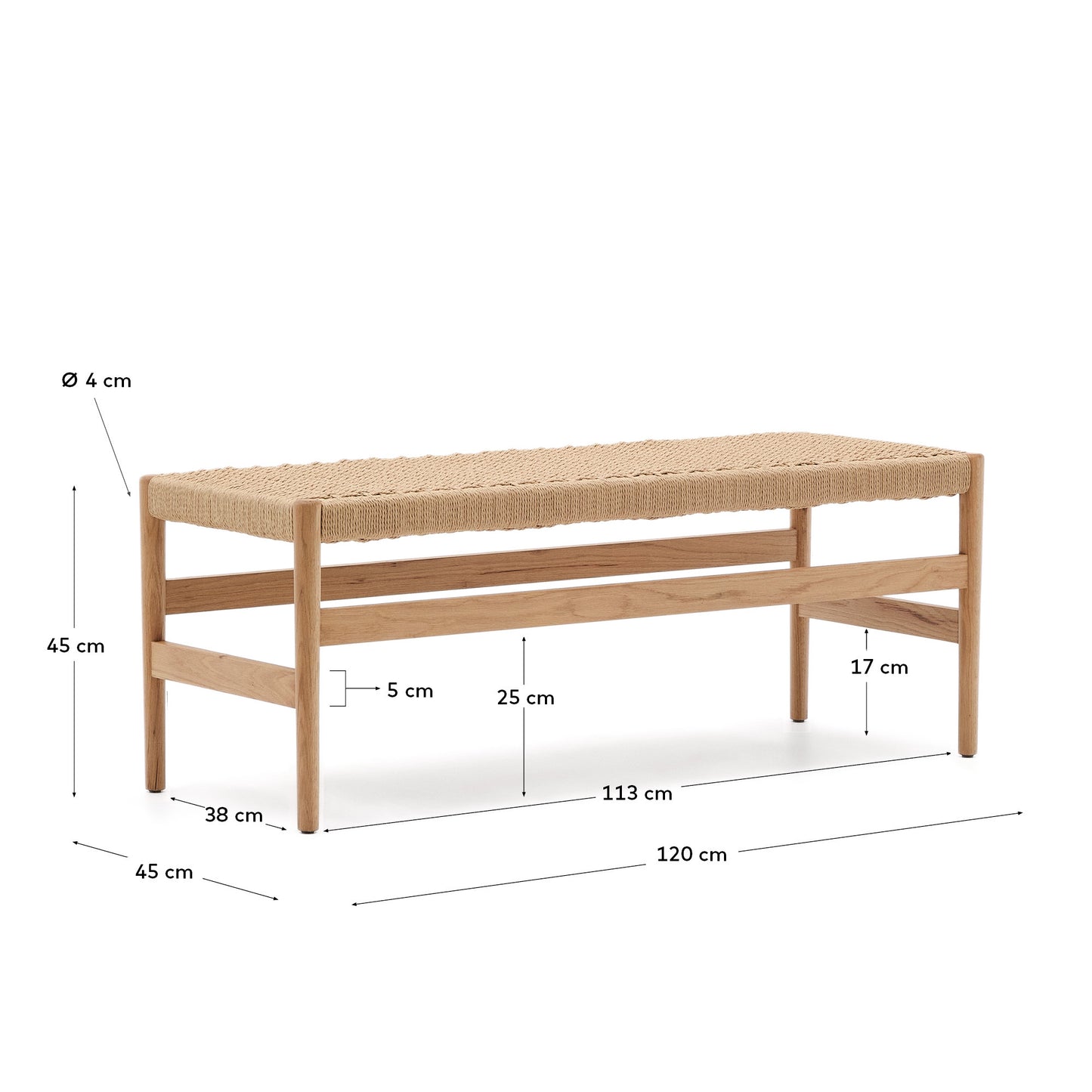 Panca Zaide in legno massiccio di rovere con finitura naturale e seduta in corda 120 cm