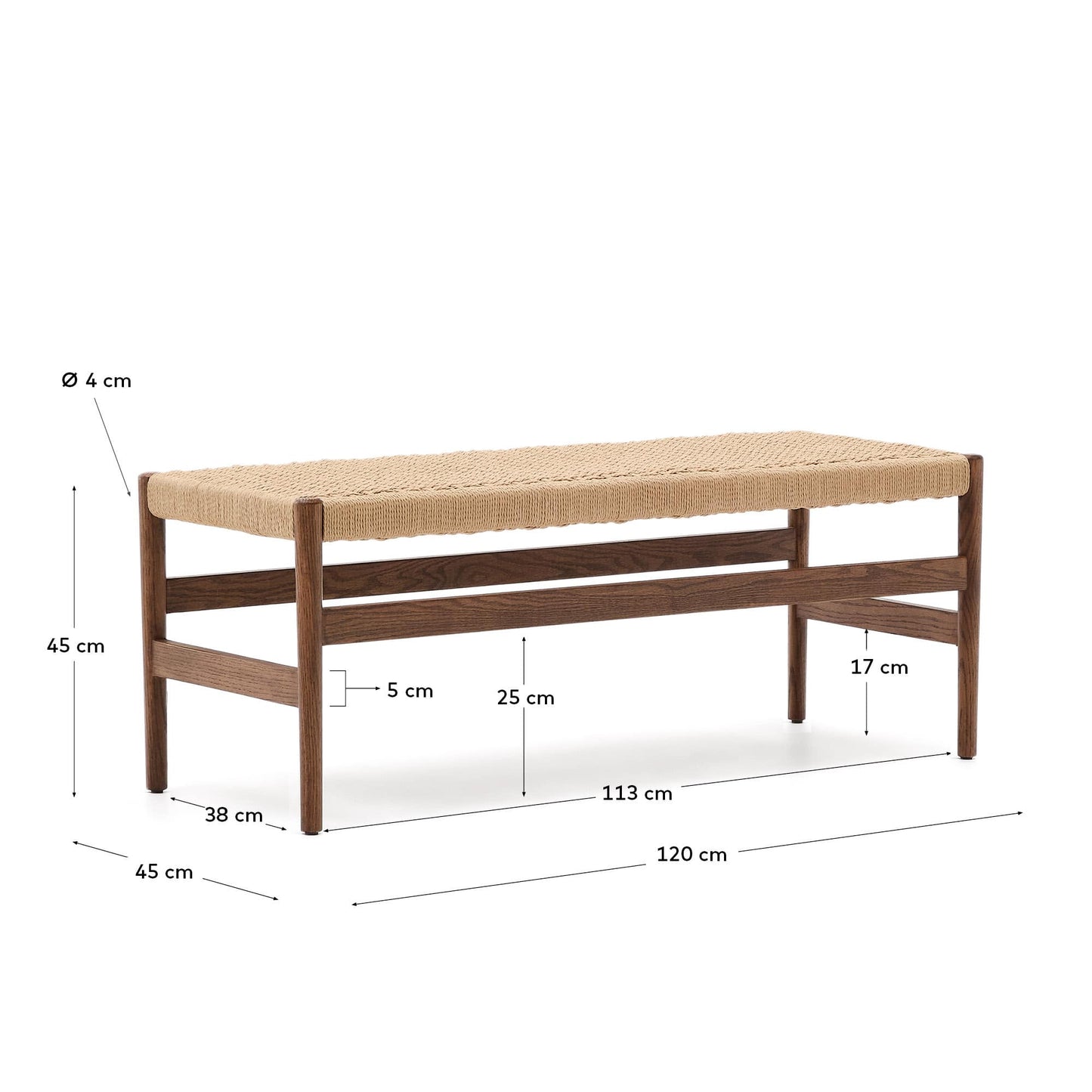 Panca Zaide in legno massiccio di rovere con finitura in noce e seduta in corda 120 cm