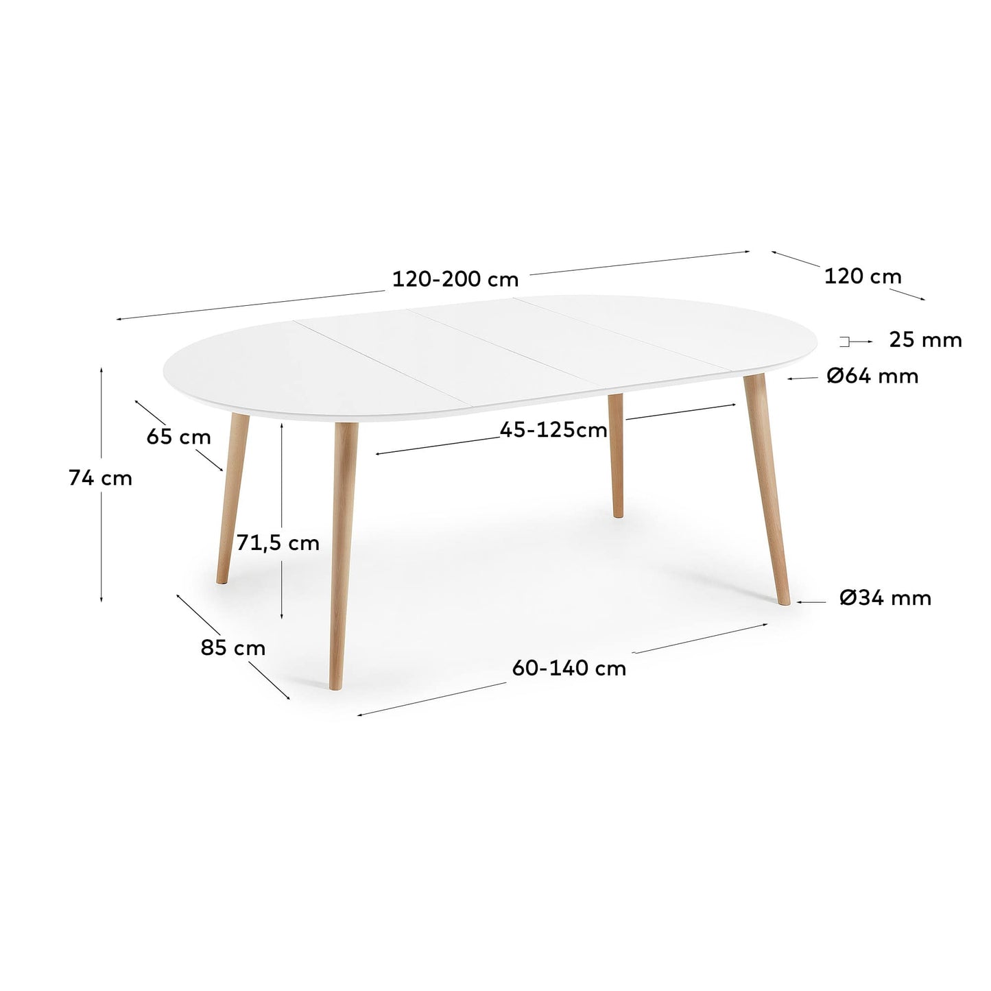 Tavolo rotondo allungabile Oqui MDF laccato bianco gambe massello di faggio 120(200)x120cm