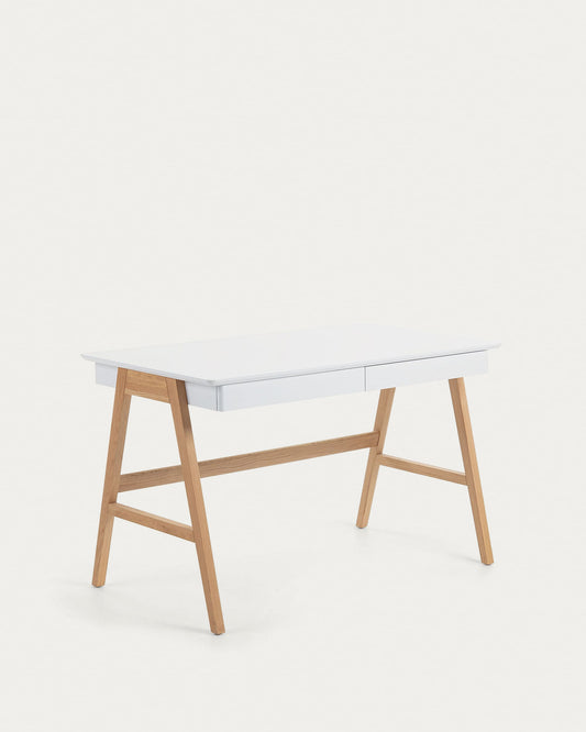 Scrivania Dyana in MDF laccato bianco con gambe in frassino massiccio 120 x 60 cm