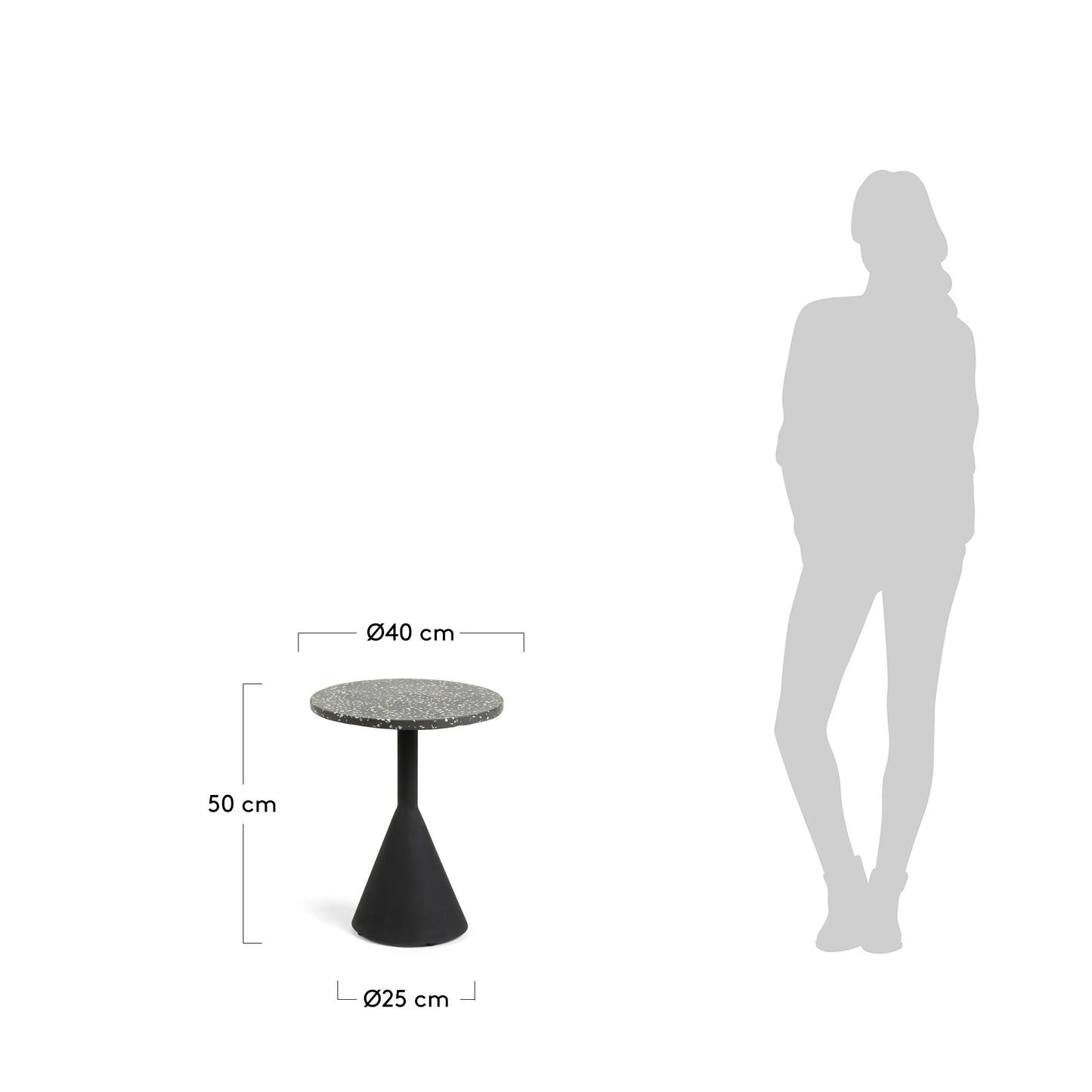 Tavolino Delano in terrazzo nero e gambe in acciaio finitura nera Ø 40 cm