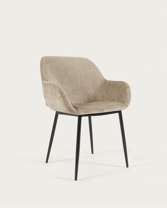 Sedia Konna in ciniglia vellutata beige con gambe in acciaio verniciato nero