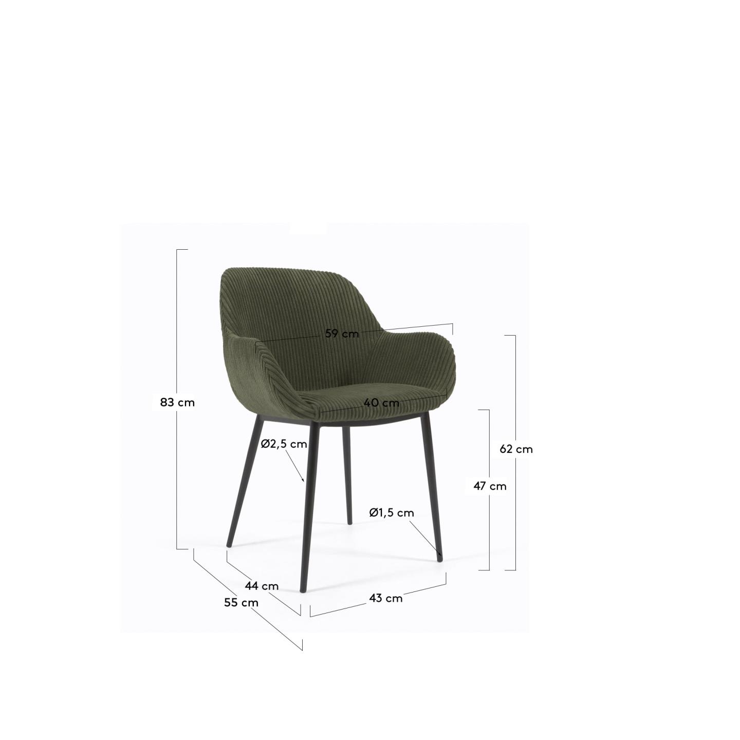 Sedia Konna in velluto a coste verde scuro con gambe in acciaio verniciato nero