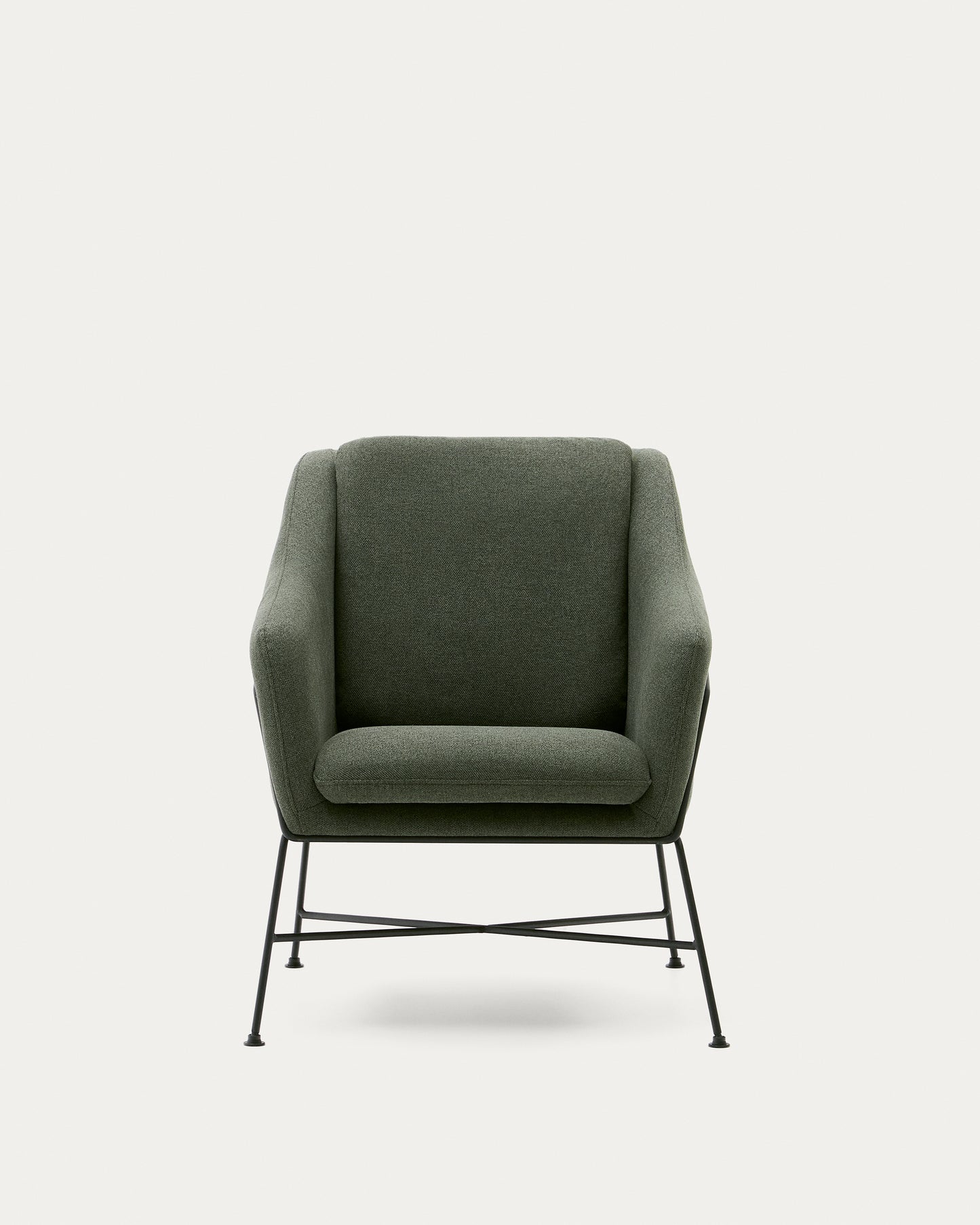 Poltrona Brida verde e gambe in acciaio con finitura nera.