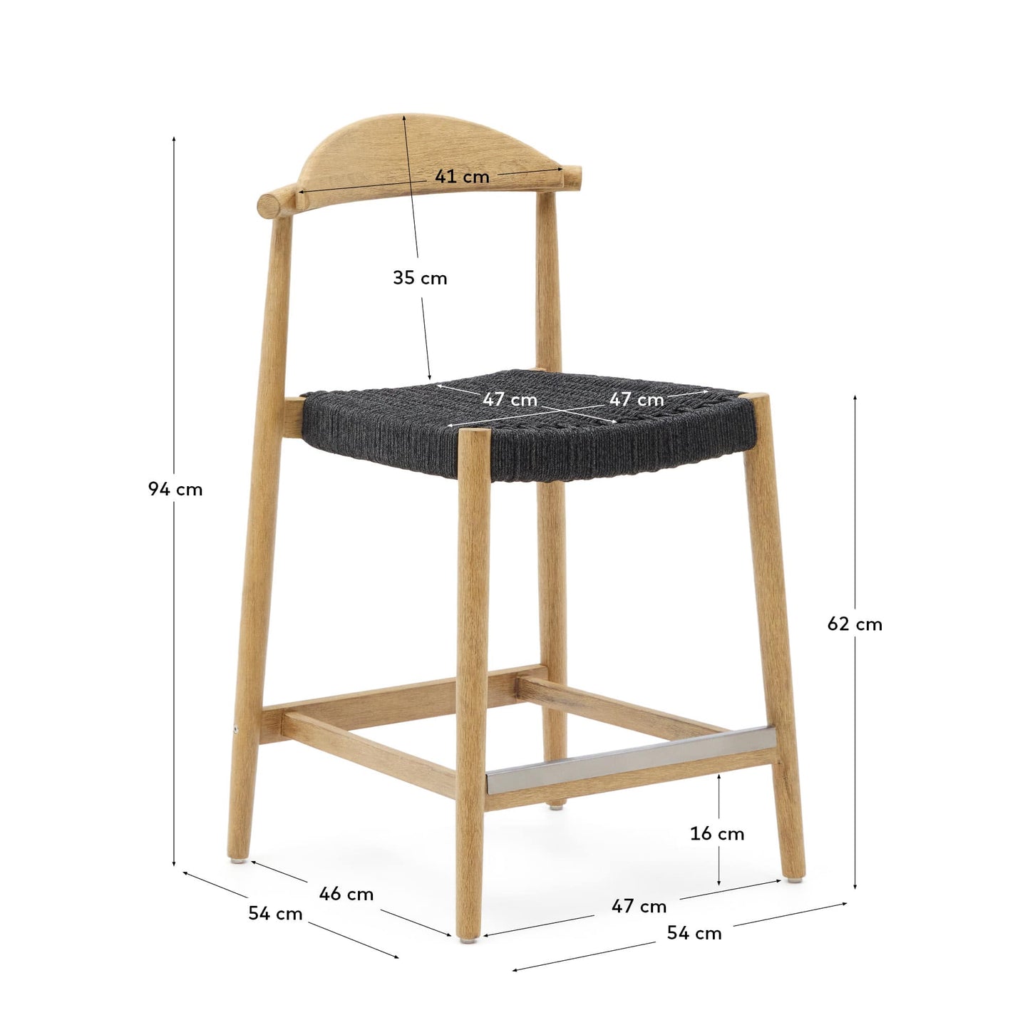 Sgabello Nina legno massello di acacia finitura naturale corda nera altezza 62 cm