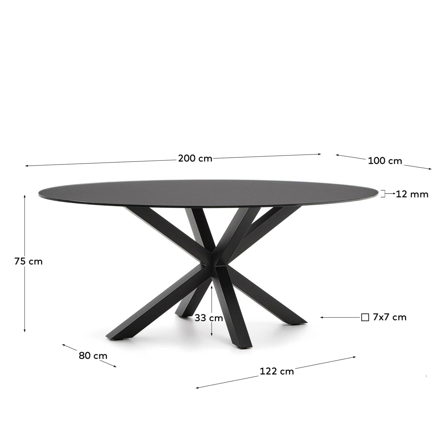 Tavolo ovale Argo in vetro nero con gambe in acciaio finitura nera Ø 200 x 100 cm