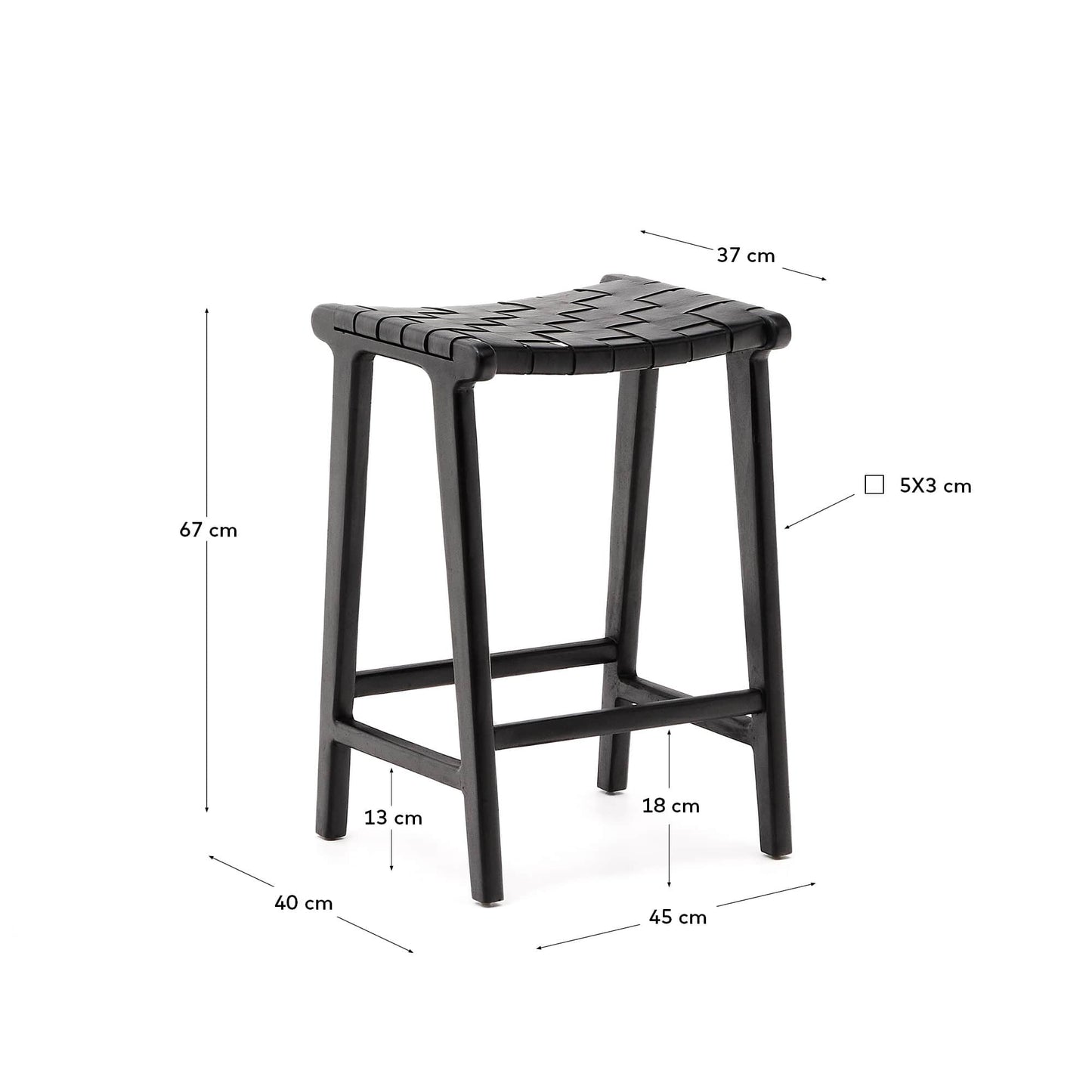 Sgabello Calixta in pelle e legno massello di mogano con finitura nera altezza 67 cm