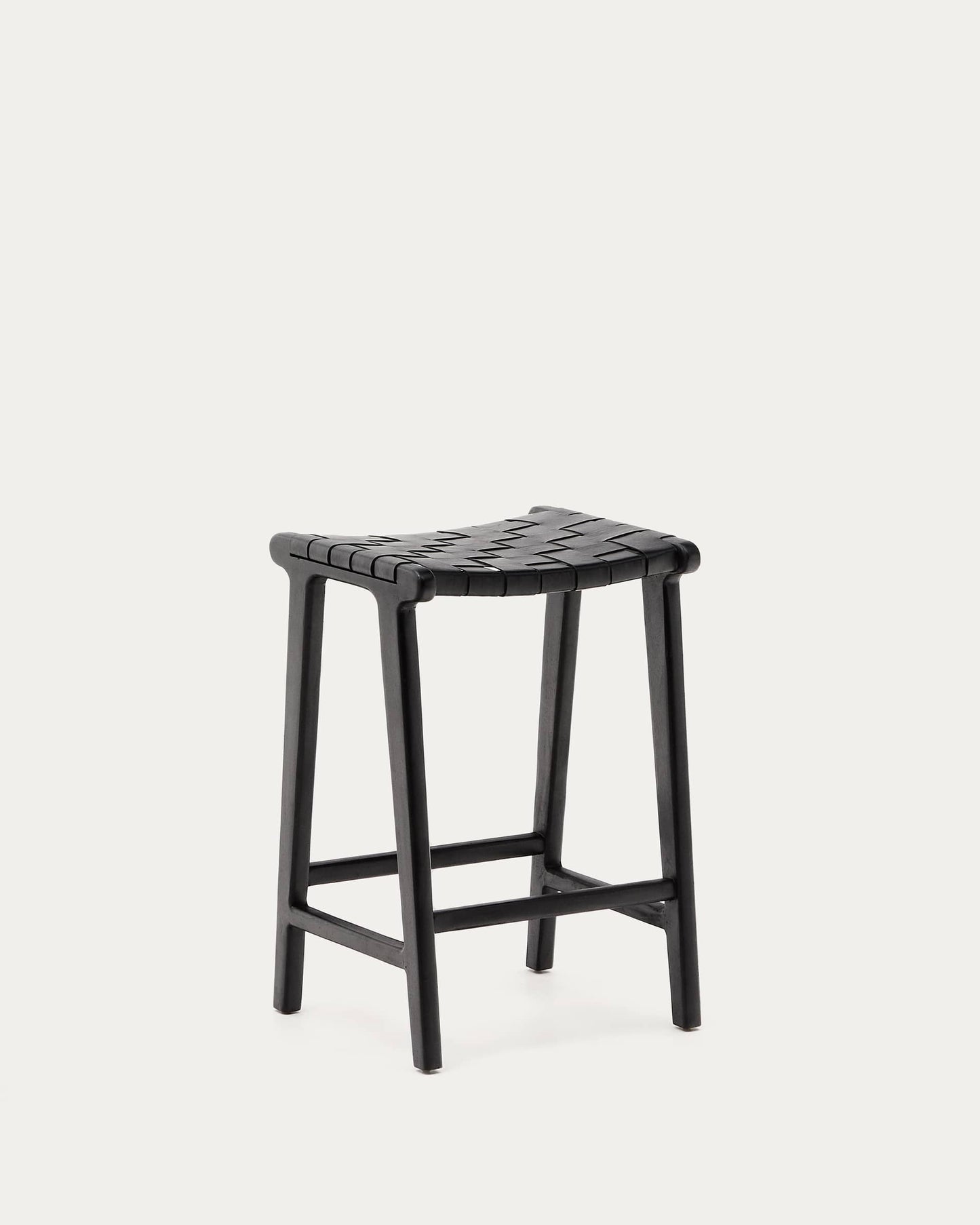 Sgabello Calixta in pelle e legno massello di mogano con finitura nera altezza 67 cm