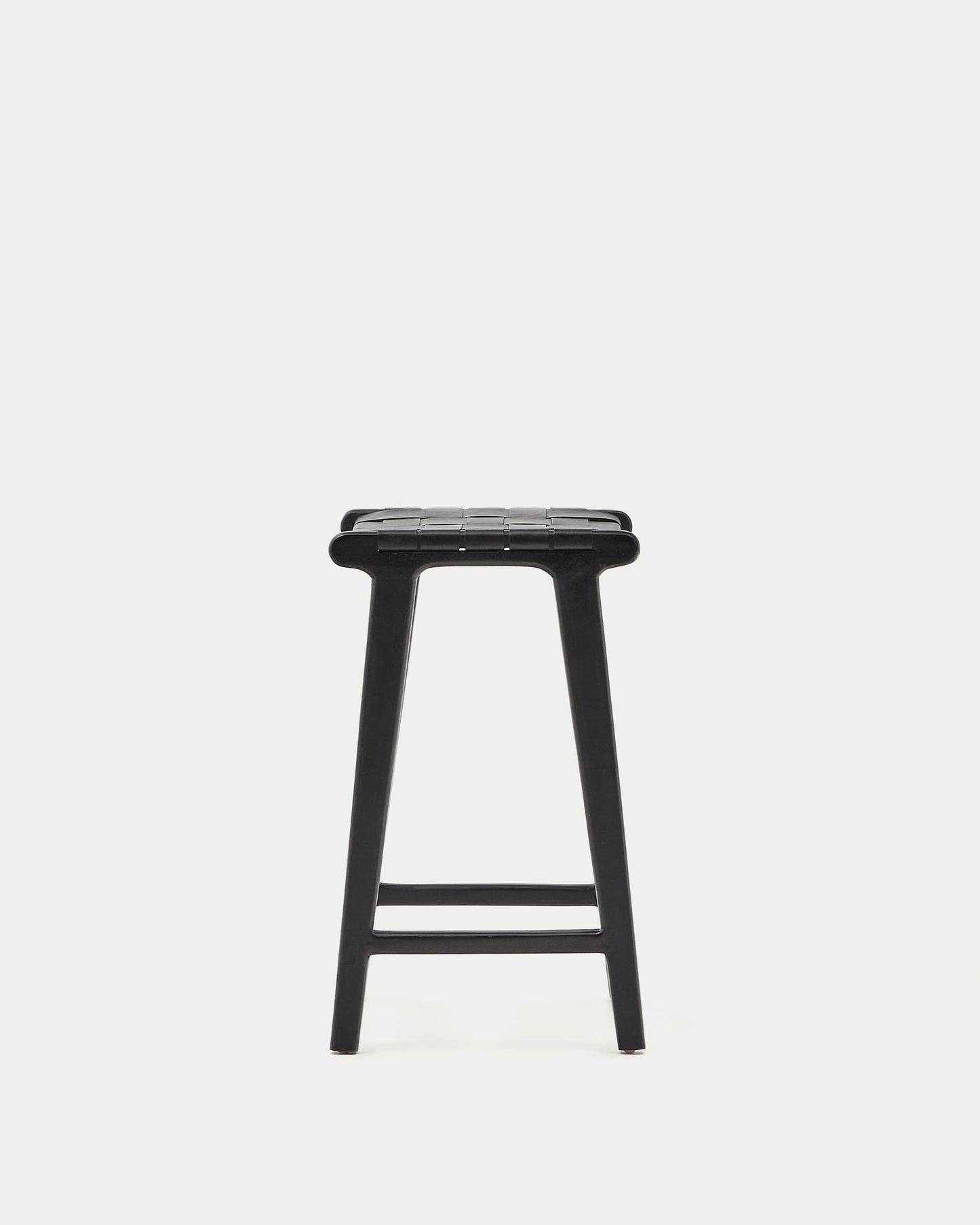 Sgabello Calixta in pelle e legno massello di mogano con finitura nera altezza 67 cm