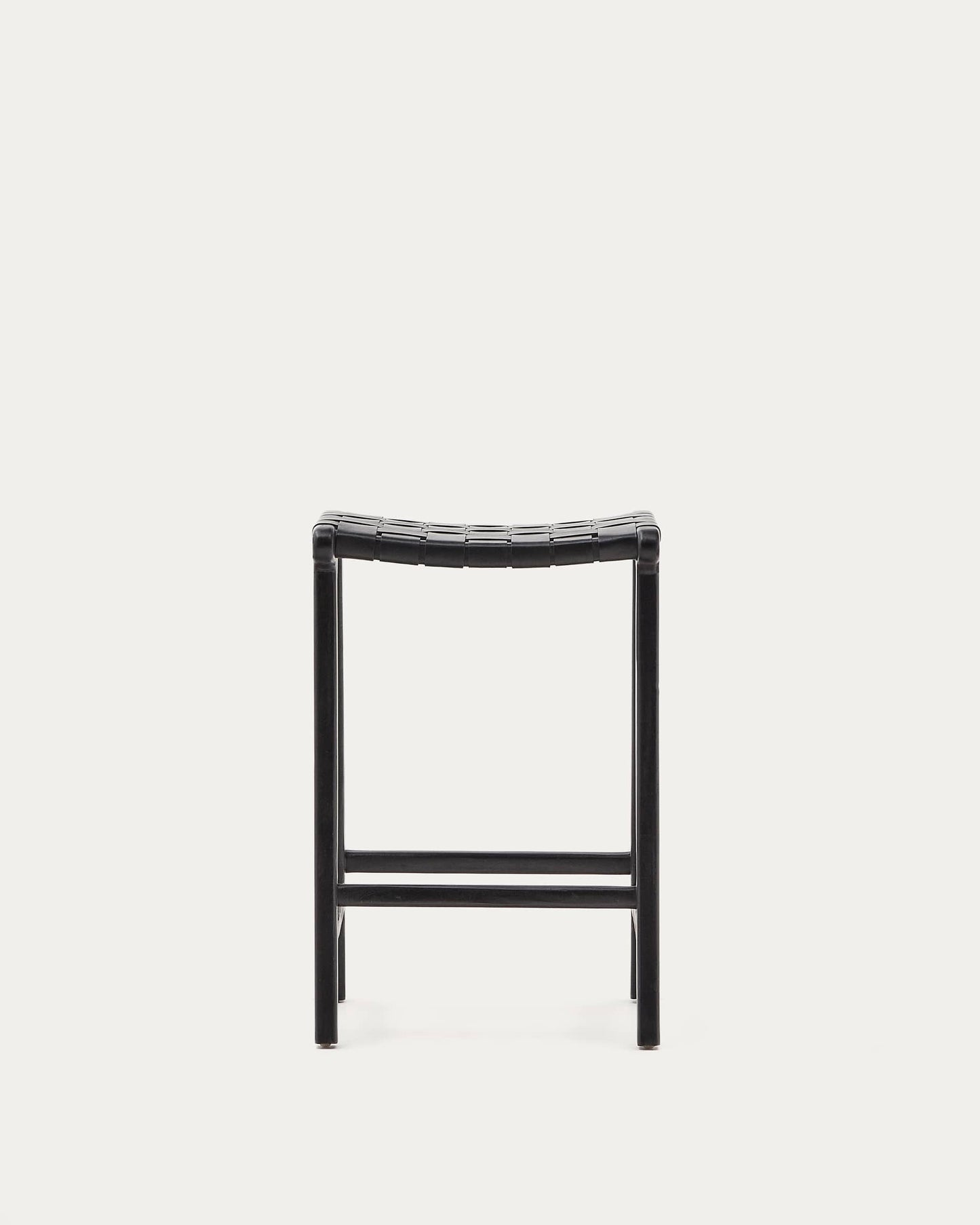 Sgabello Calixta in pelle e legno massello di mogano con finitura nera altezza 67 cm