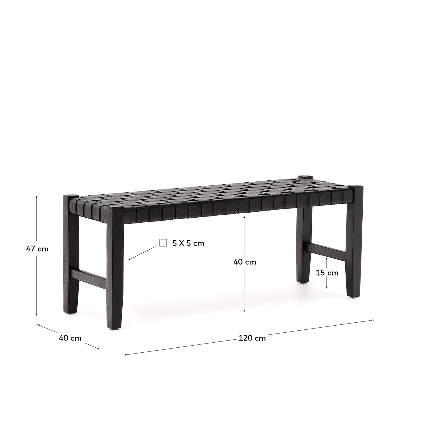 Panca Calixta in pelle e legno massello di mogano con finitura nera 120 cm