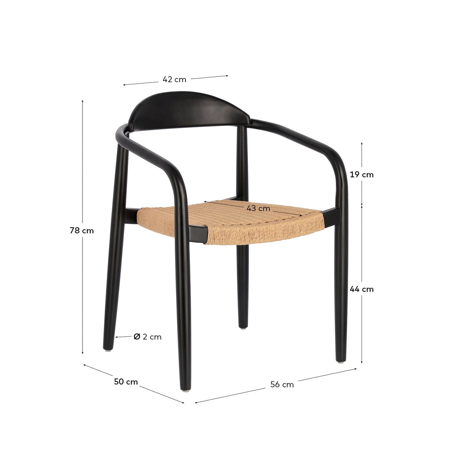 Sedia Nina in legno massello di acacia finitura nera e corda di carta beige