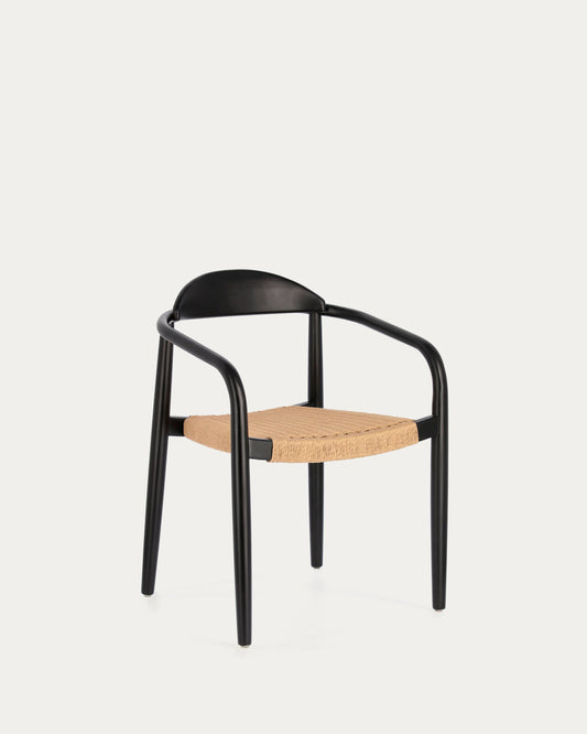 Sedia Nina in legno massello di acacia finitura nera e corda di carta beige