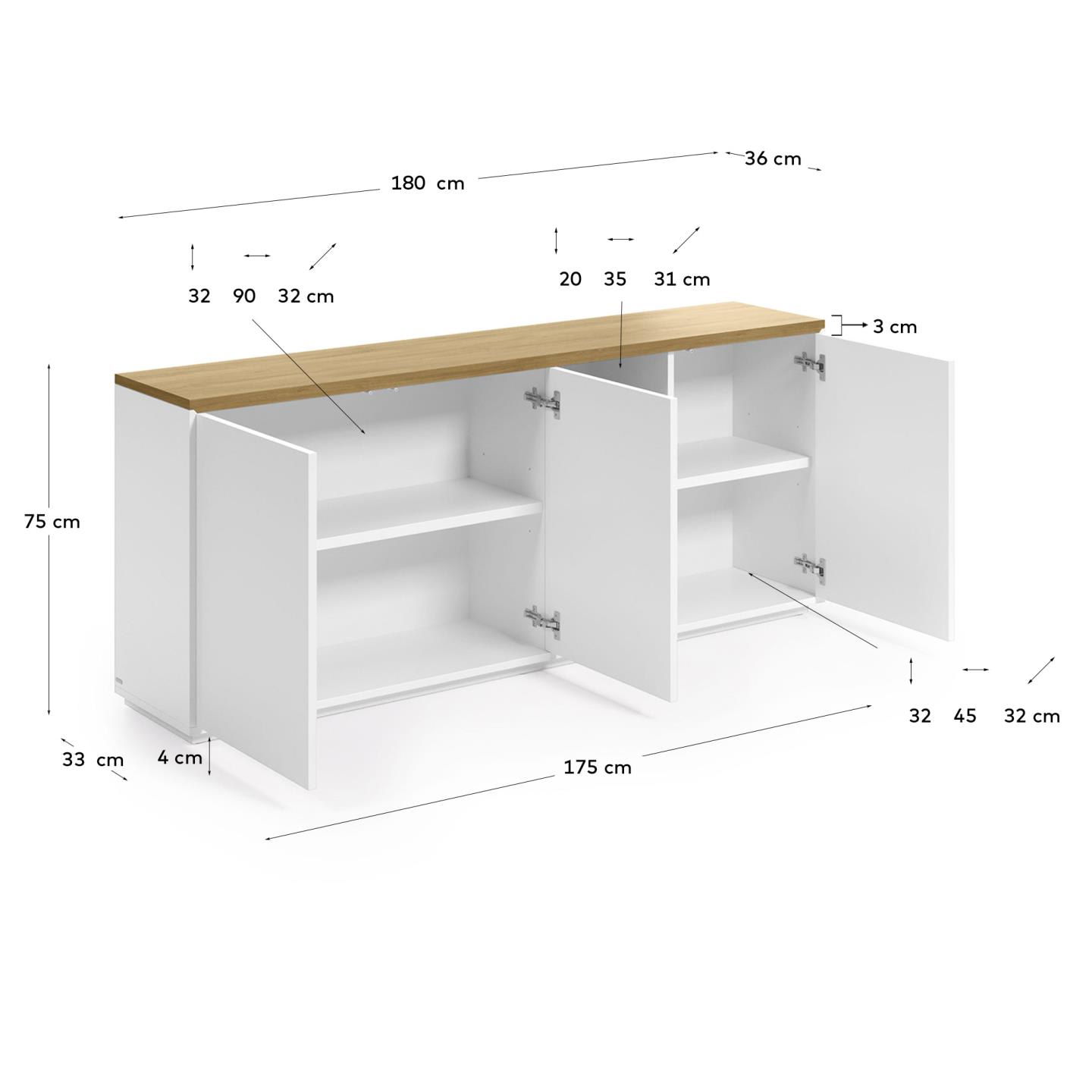 Credenza 3 ante Abilen impiallacciato rovere e laccato bianco 180 x 75 cm